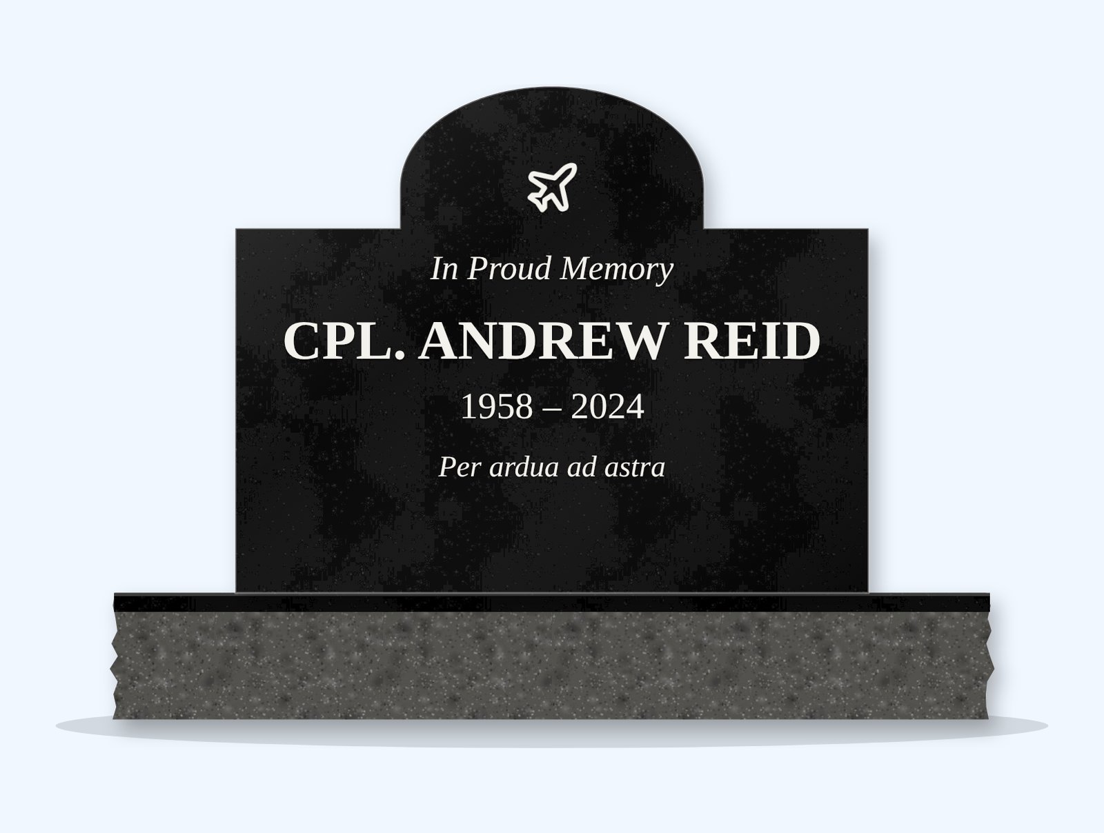 Absolute Black cathedral headstone on a granite base, engraved for Cpl. Andrew Reid