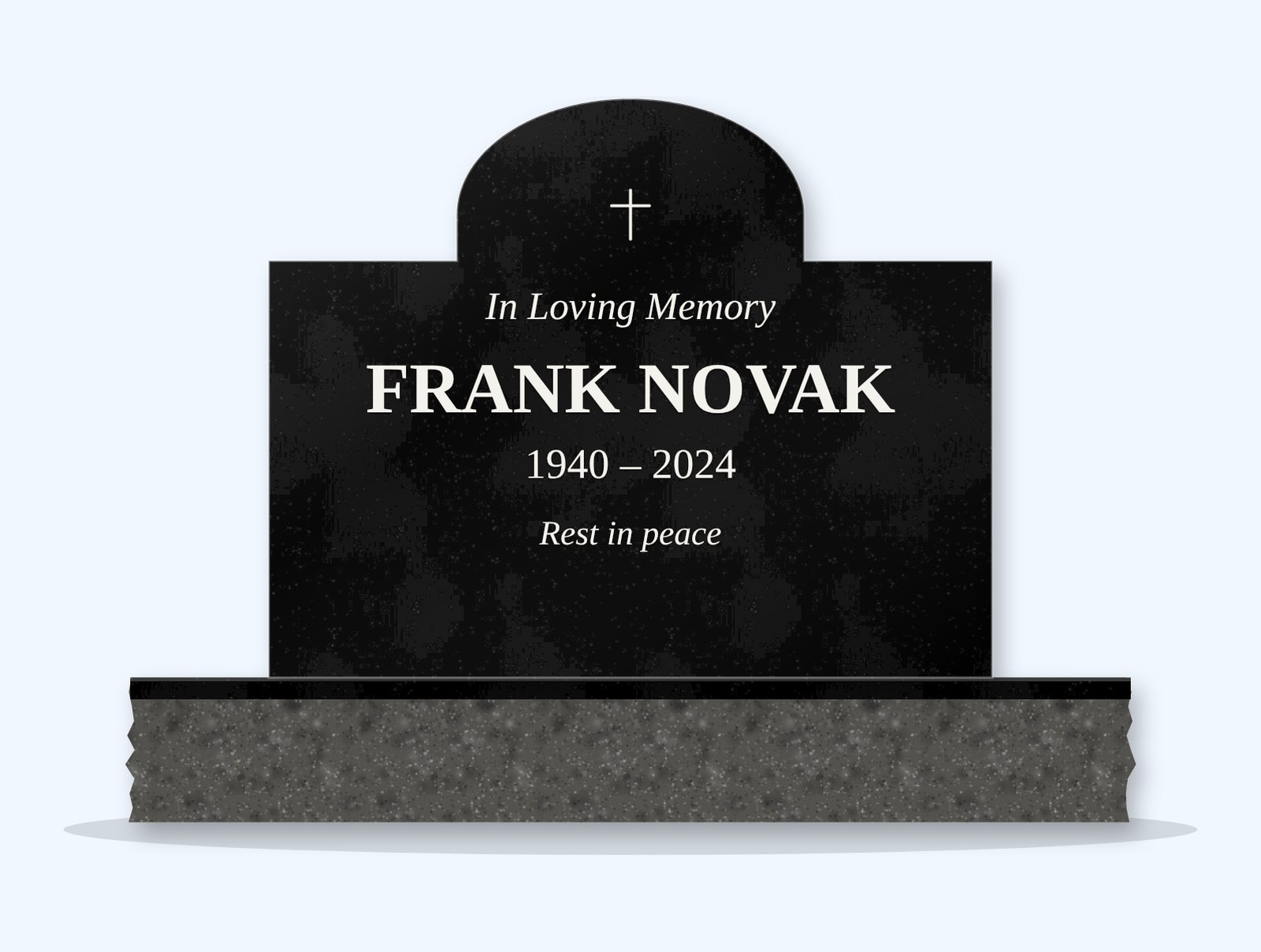 Absolute Black cathedral headstone on a granite base, engraved for Frank Novak
