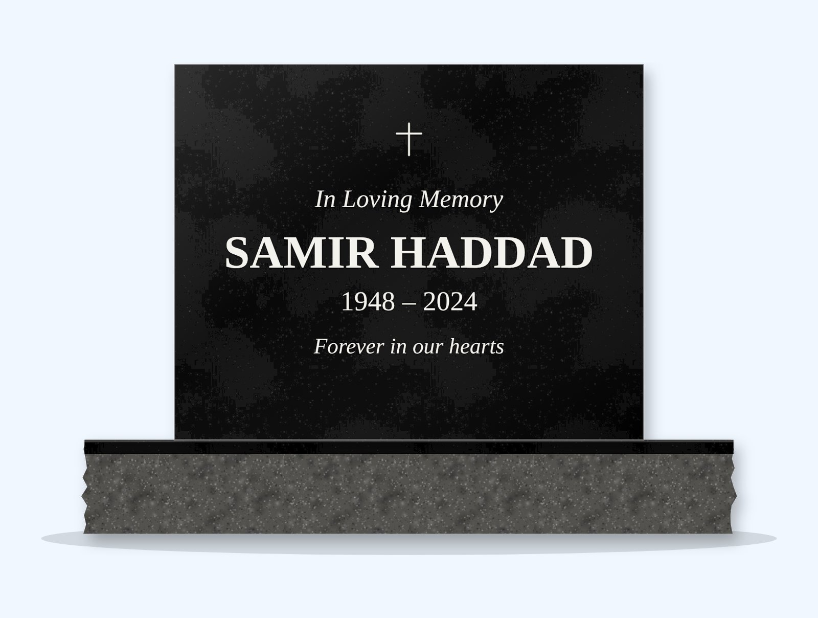 Absolute Black rectangle headstone on a granite base, engraved for Samir Haddad