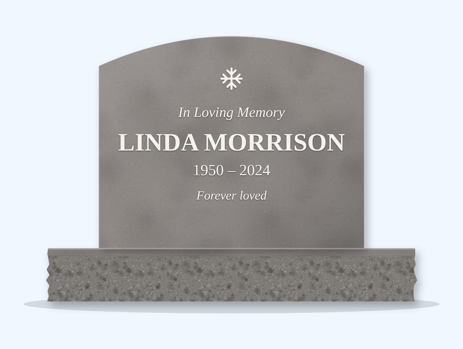 Indian Grey curved top headstone on a granite base, engraved for Linda Morrison