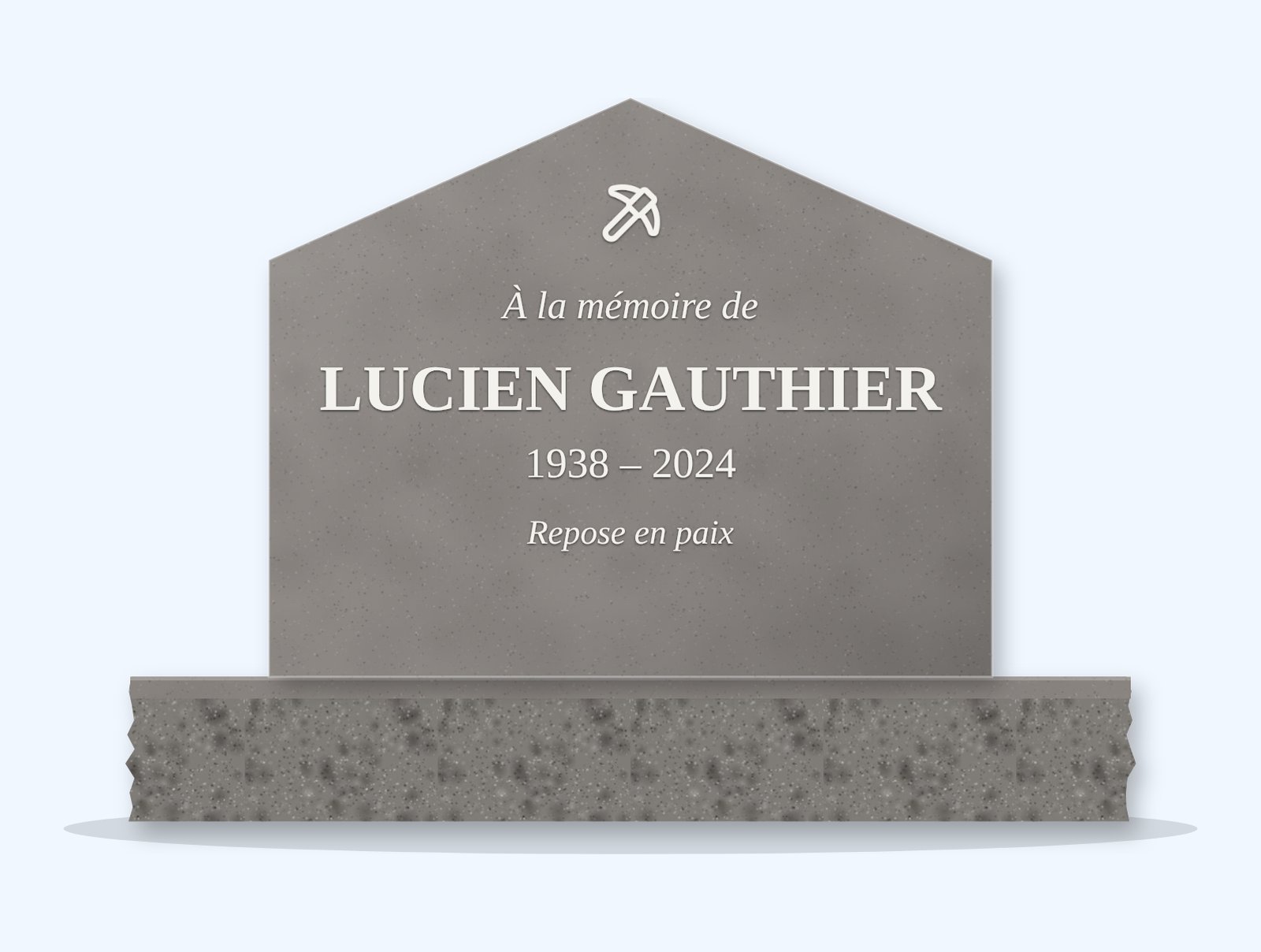 Indian Grey gable headstone on a granite base, engraved for Lucien Gauthier