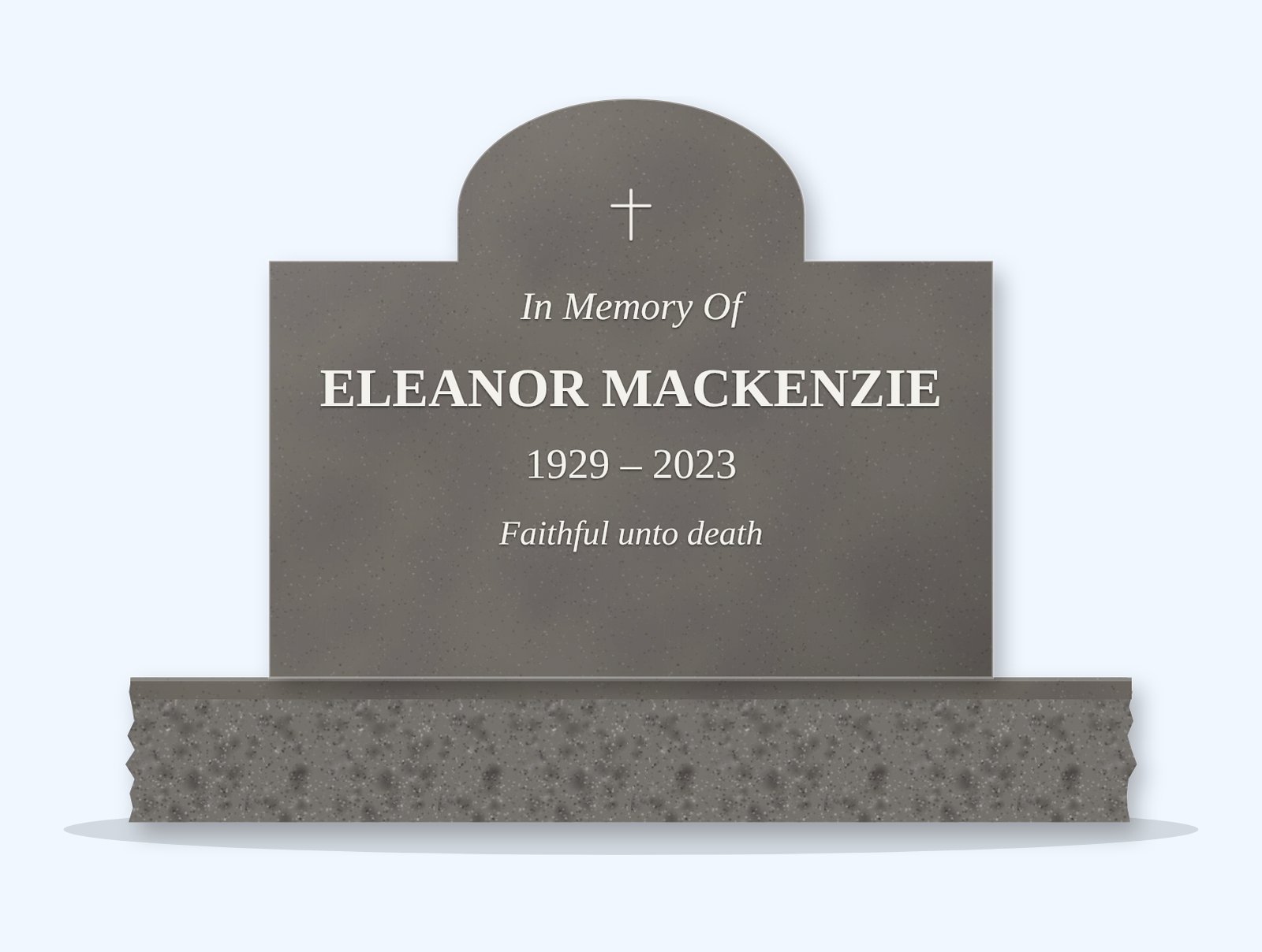 Steel Grey cathedral headstone on a granite base, engraved for Eleanor MacKenzie