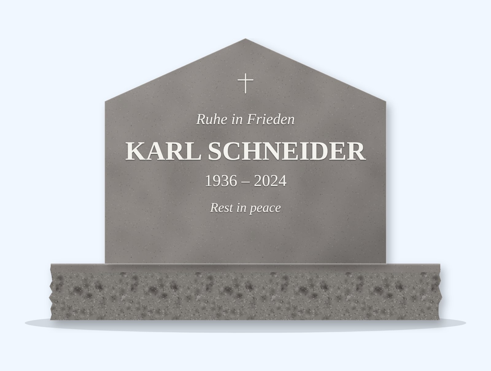 Indian Grey gable headstone on a granite base, engraved for Karl Schneider
