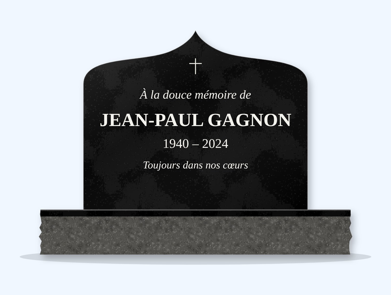 Absolute Black ogee arch headstone on a granite base, engraved for Jean-Paul Gagnon
