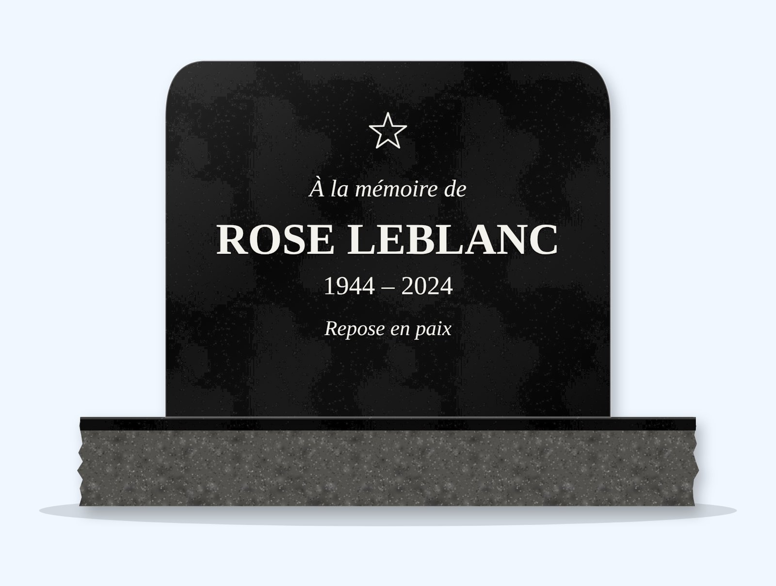 Absolute Black rounded top headstone on a granite base, engraved for Rose LeBlanc