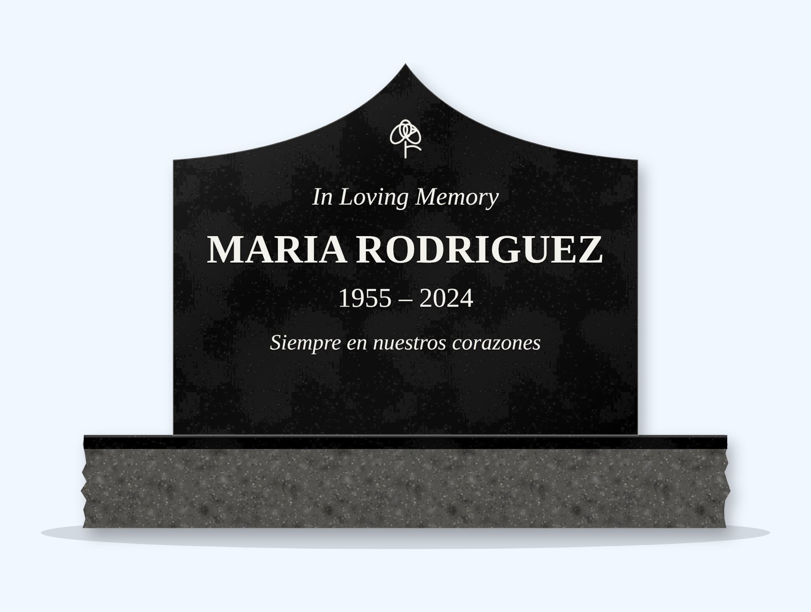 Absolute Black curved gable headstone on a granite base, engraved for Maria Rodriguez