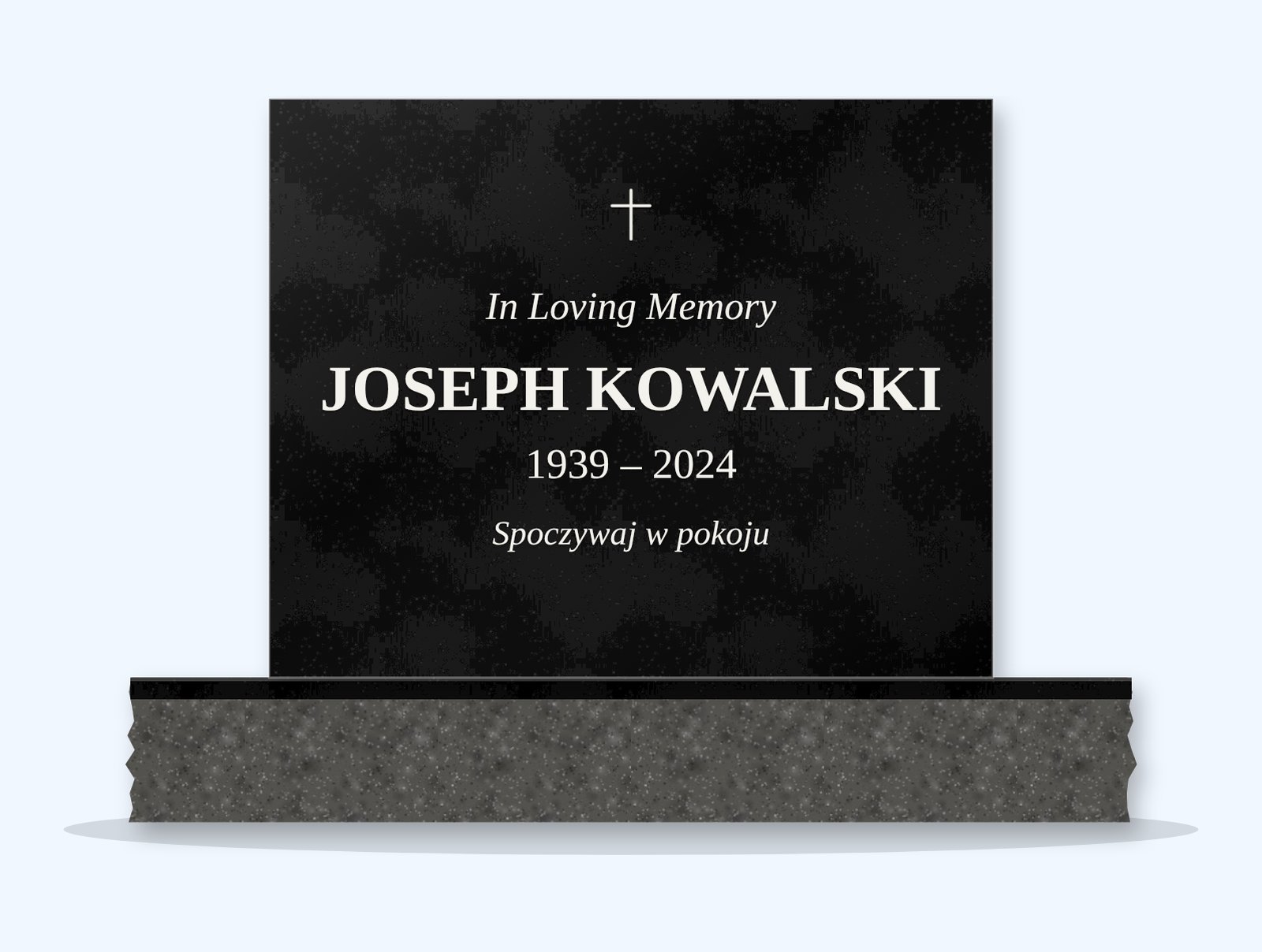 Absolute Black rectangle headstone on a granite base, engraved for Joseph Kowalski