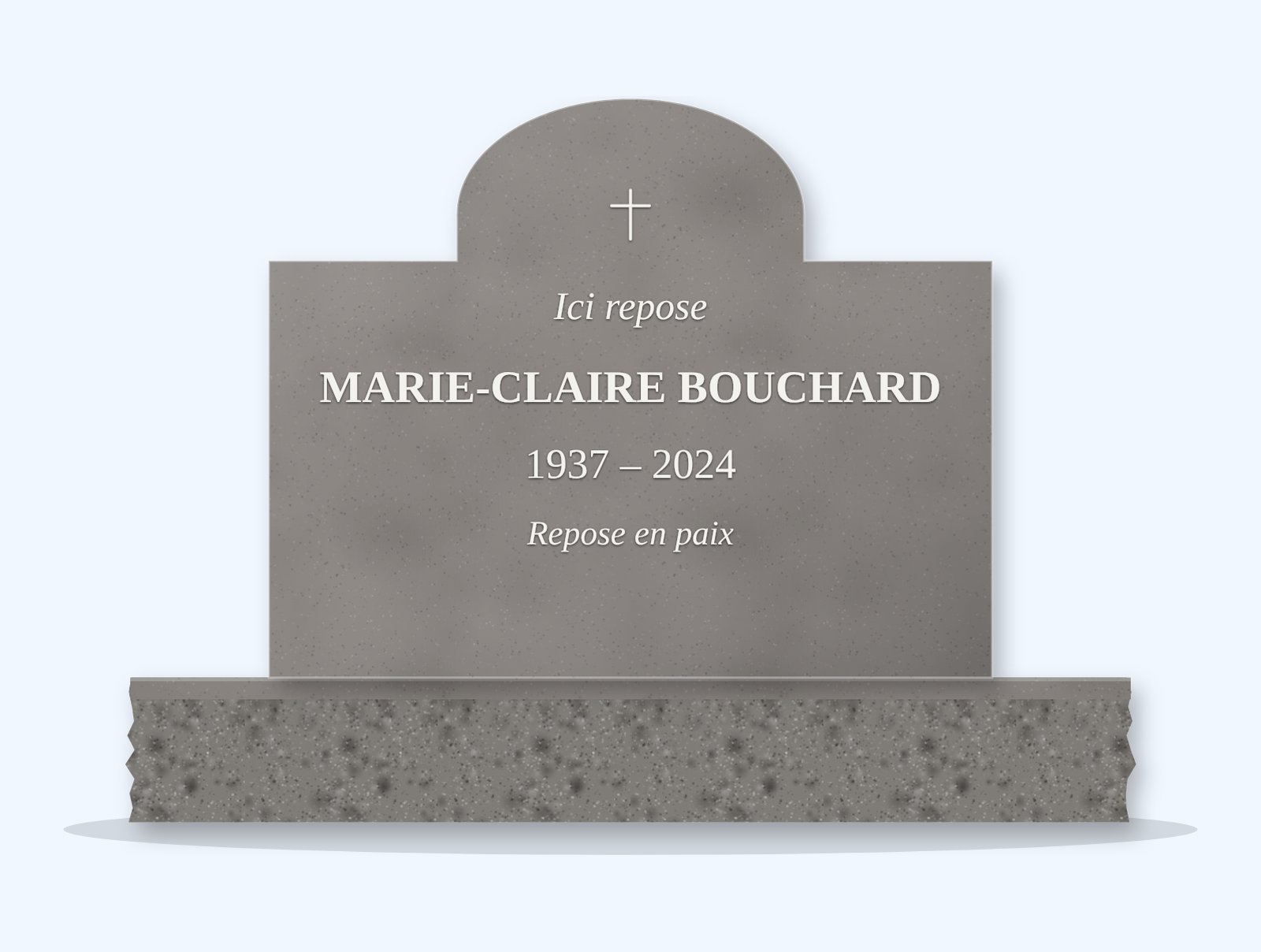 Indian Grey cathedral headstone on a granite base, engraved for Marie-Claire Bouchard