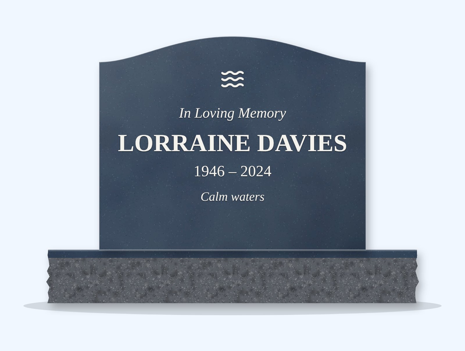 Bahamas Blue serpentine headstone on a granite base, engraved for Lorraine Davies