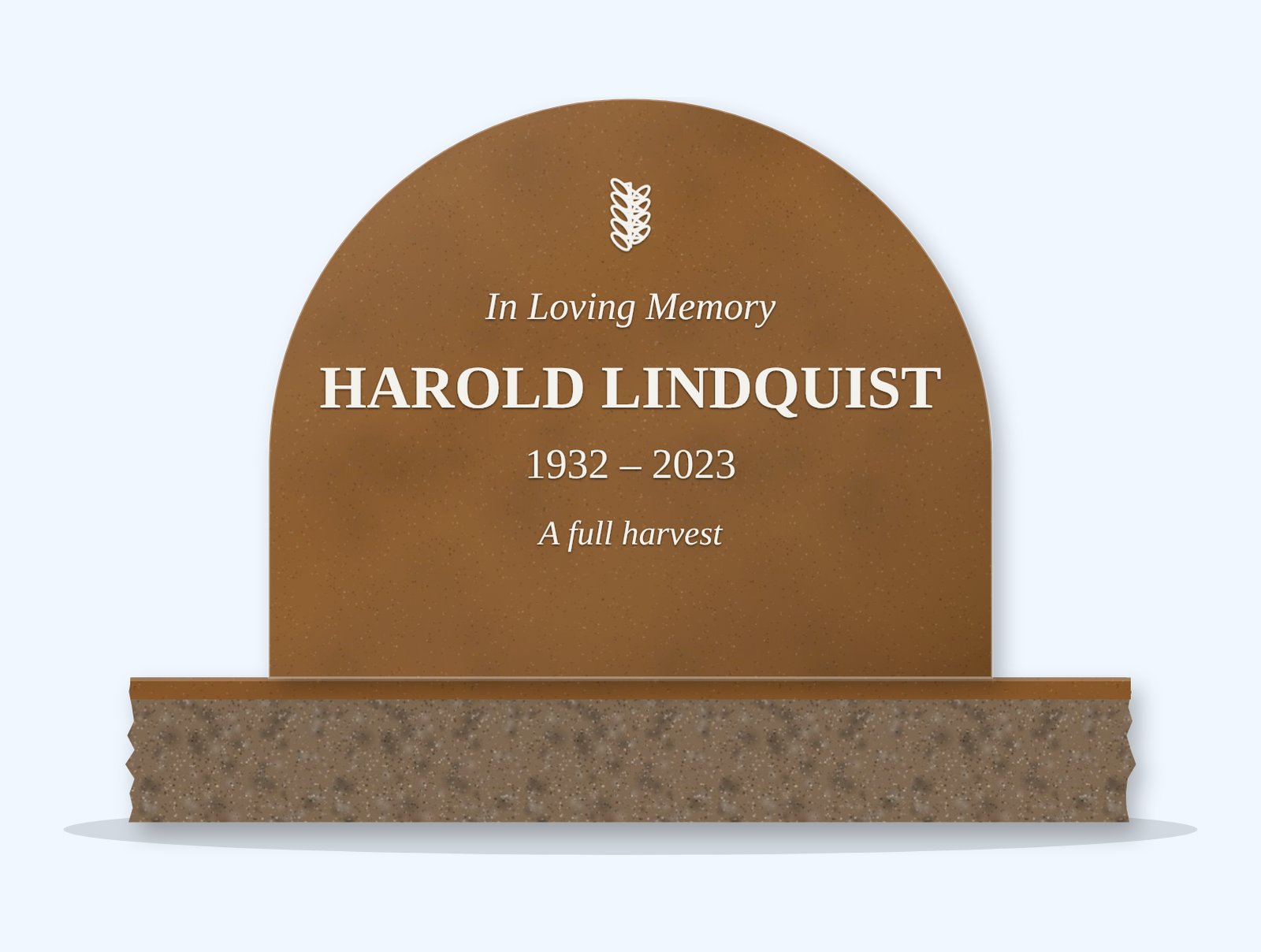 Tan Brown half round headstone on a granite base, engraved for Harold Lindquist
