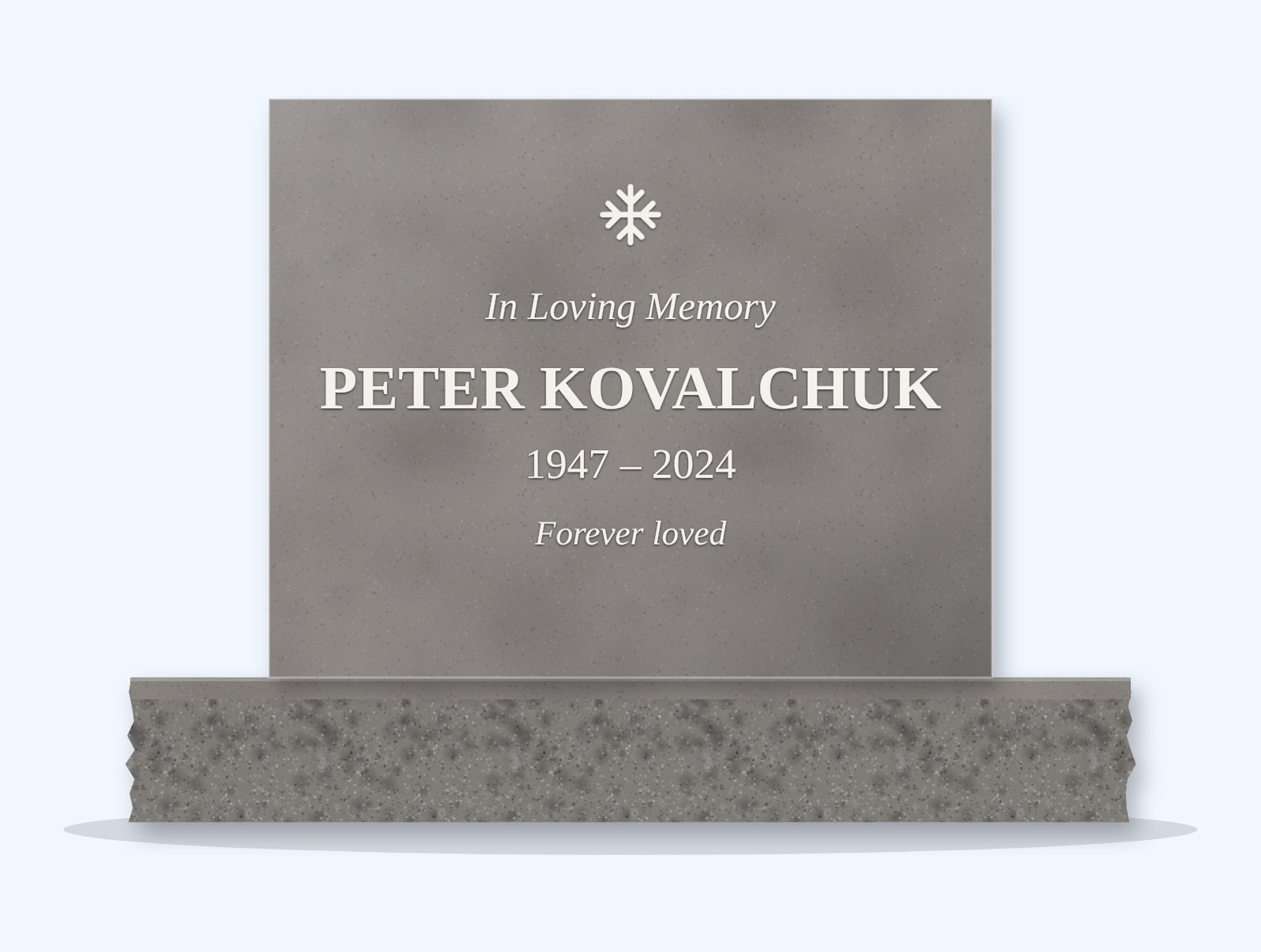 Indian Grey rectangle headstone on a granite base, engraved for Peter Kovalchuk