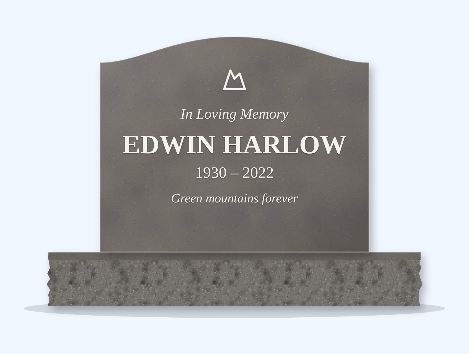 Steel Grey serpentine headstone on a granite base, engraved for Edwin Harlow
