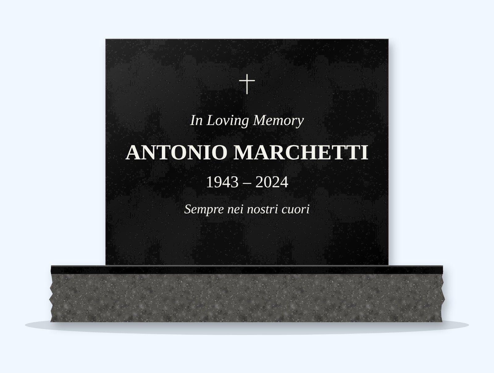 Absolute Black rectangle headstone on a granite base, engraved for Antonio Marchetti