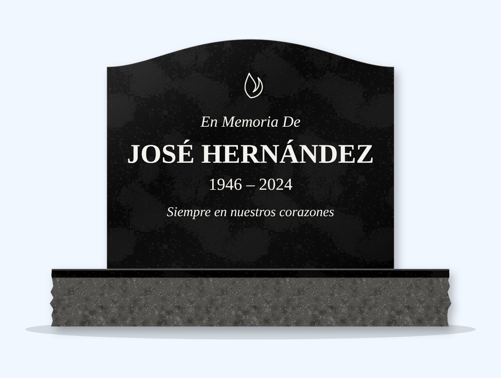 Absolute Black serpentine headstone on a granite base, engraved for José Hernández
