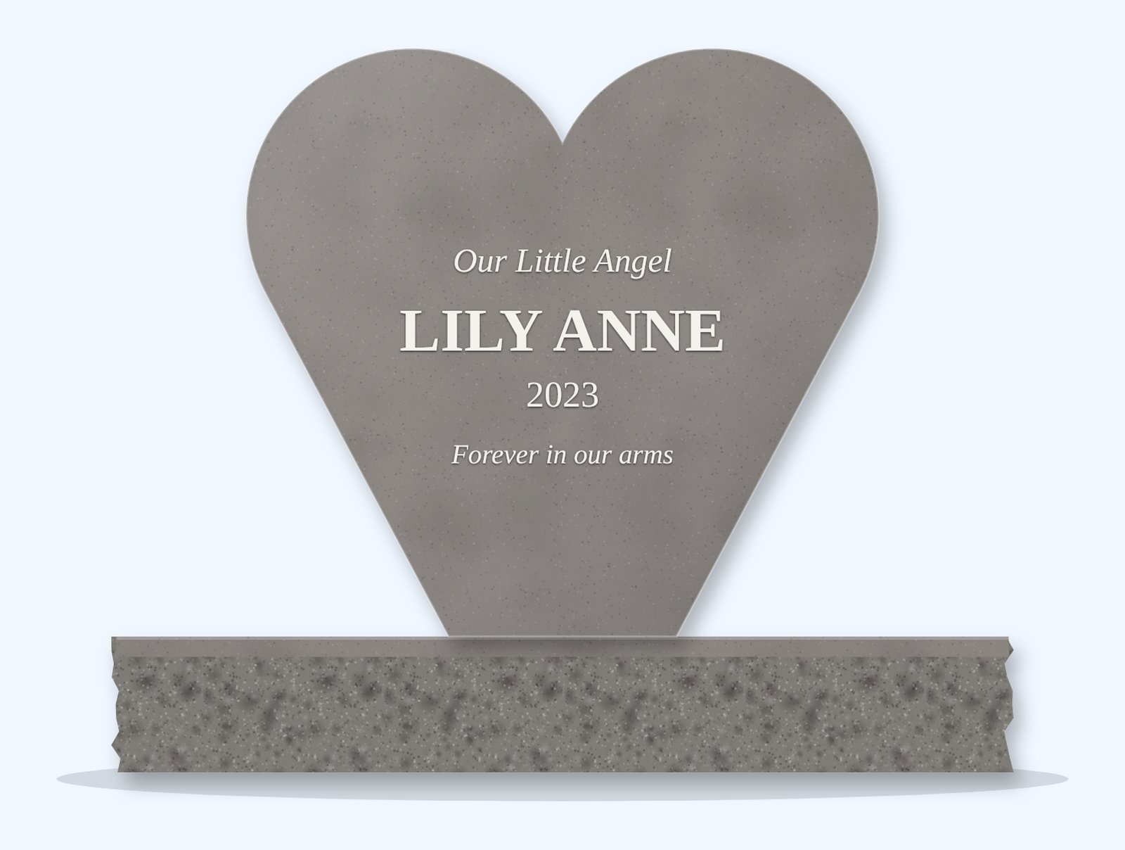 Indian Grey heart headstone on a granite base, engraved for Lily Anne