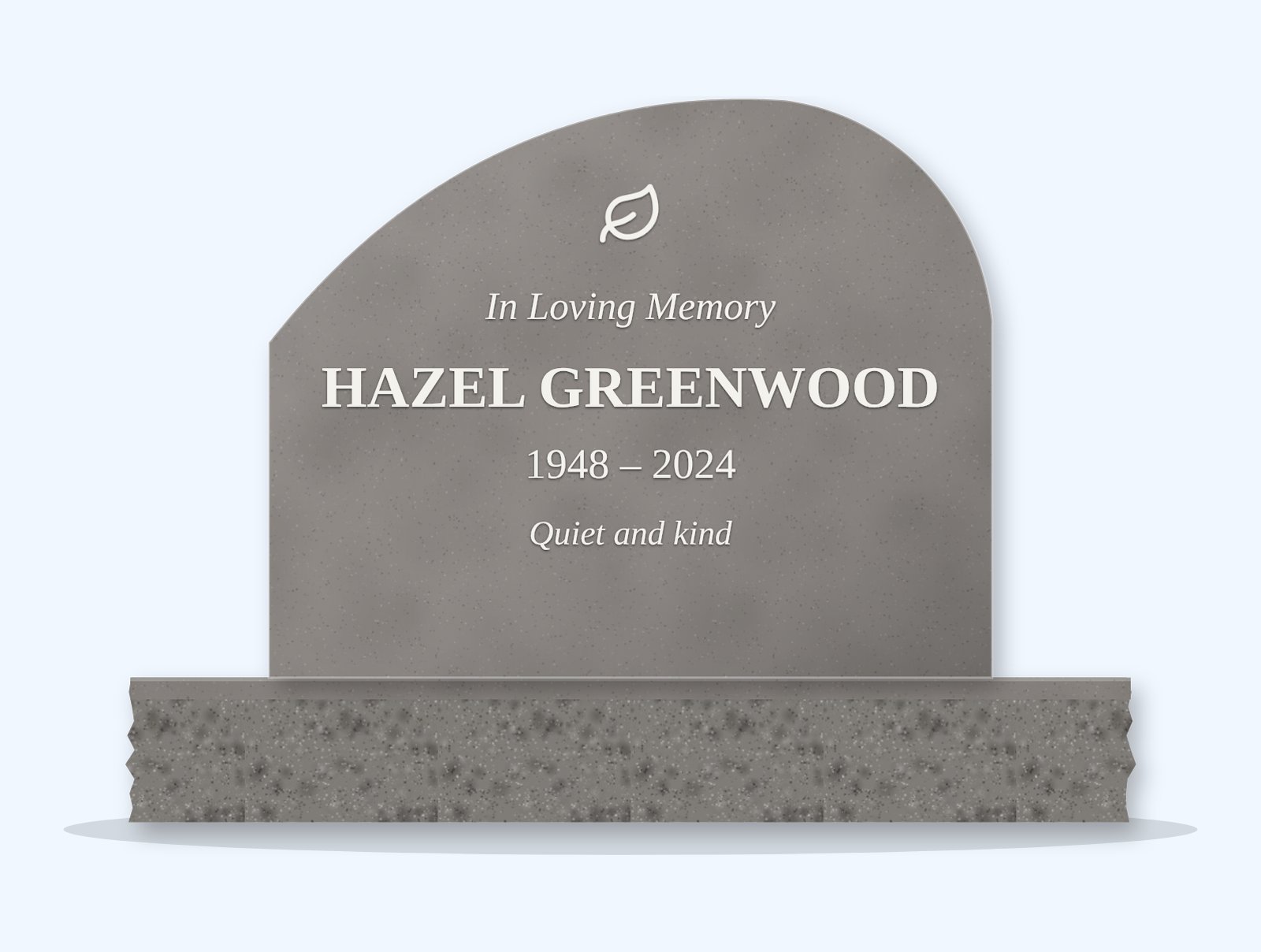 Indian Grey leaf headstone on a granite base, engraved for Hazel Greenwood