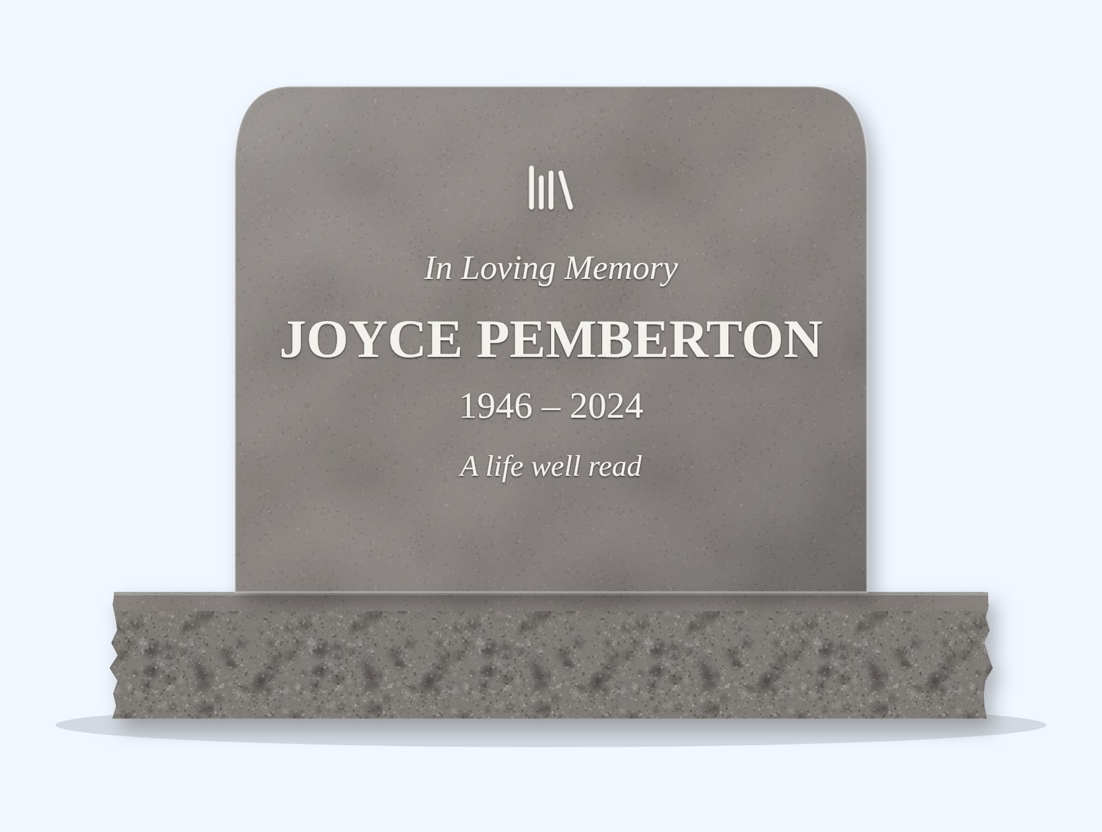 Indian Grey rounded top headstone on a granite base, engraved for Joyce Pemberton