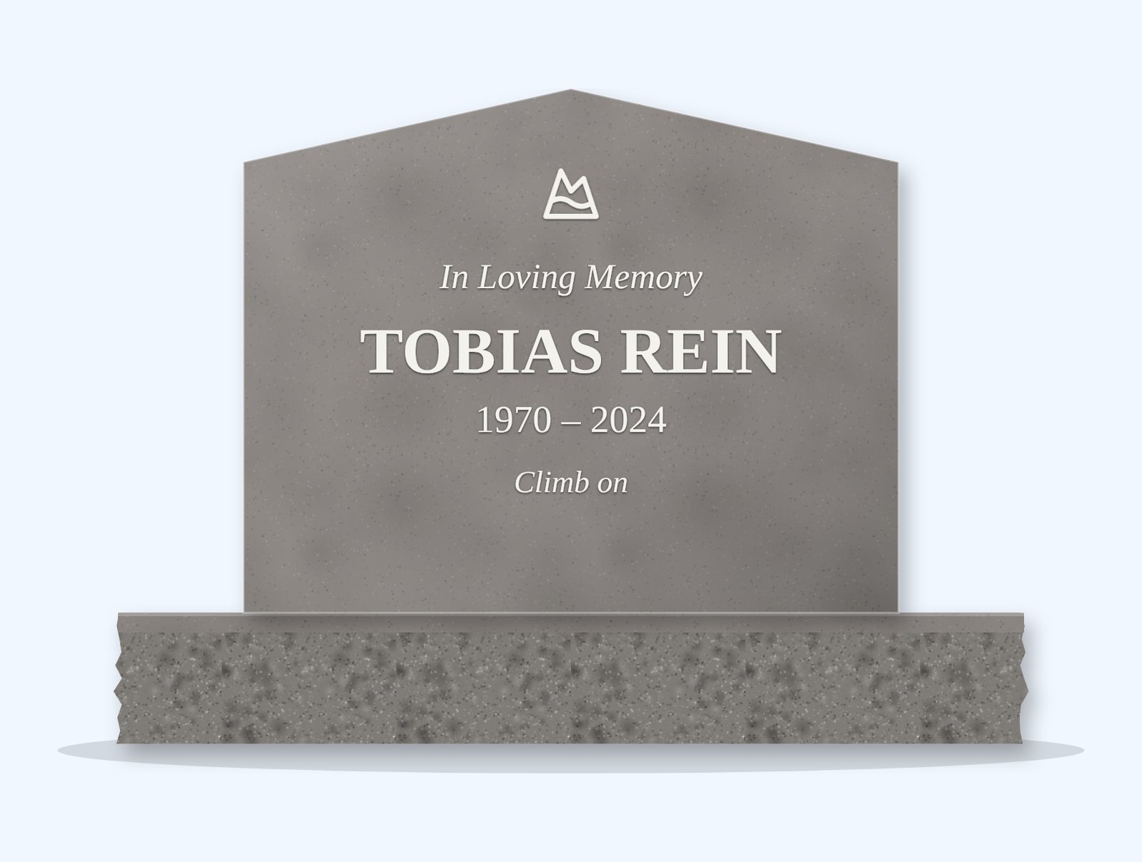 Indian Grey peak headstone on a granite base, engraved for Tobias Rein