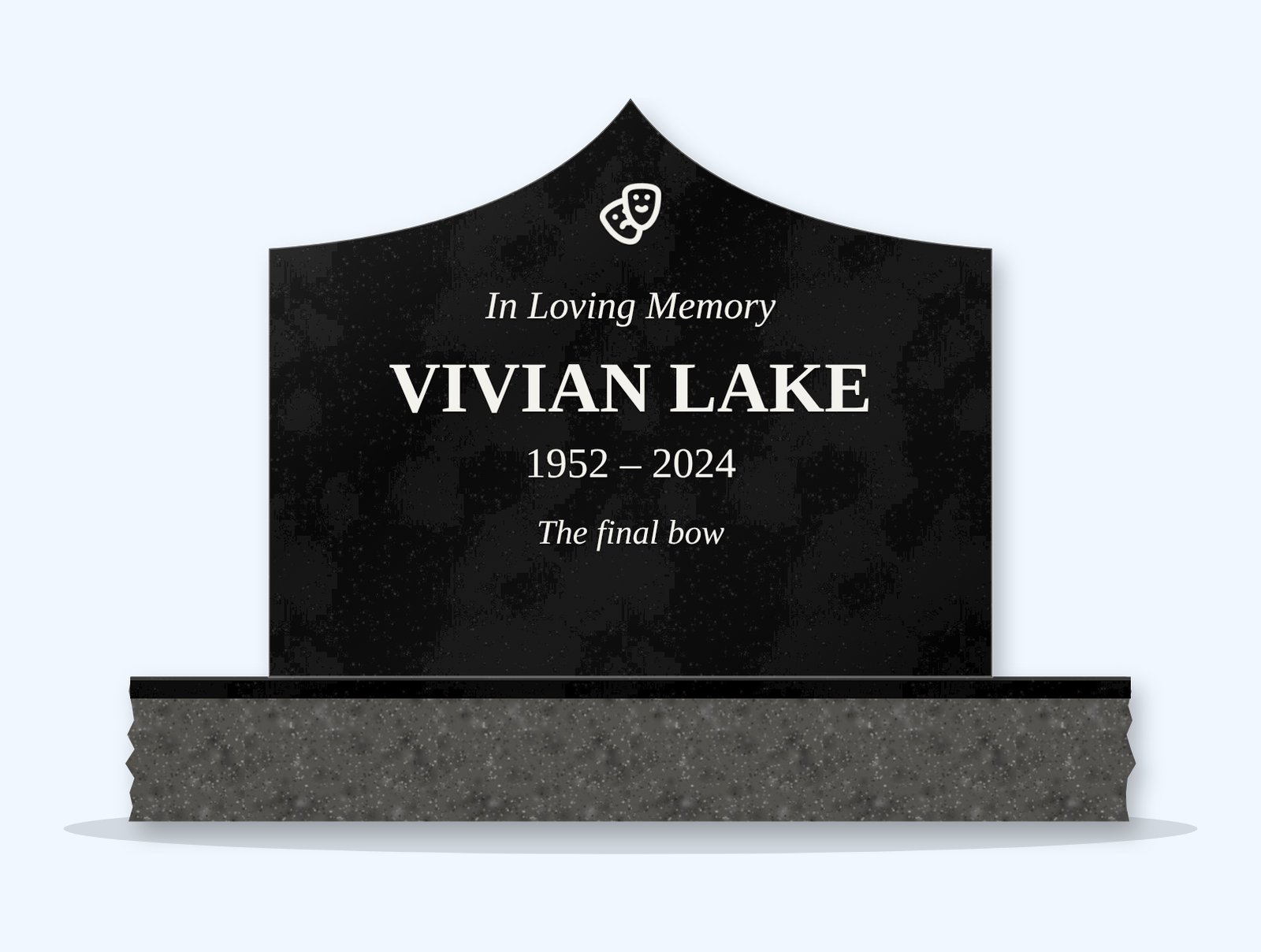 Absolute Black curved gable headstone on a granite base, engraved for Vivian Lake