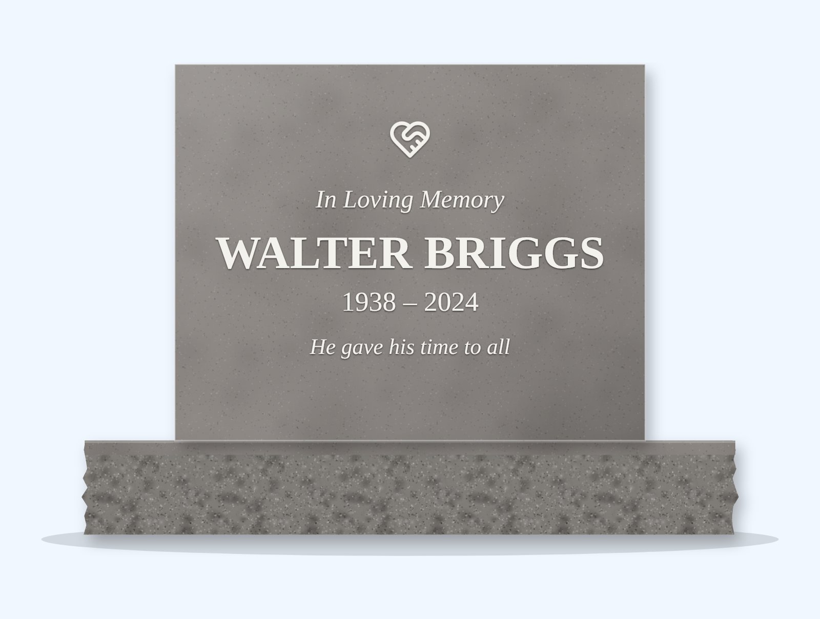 Indian Grey rectangle headstone on a granite base, engraved for Walter Briggs