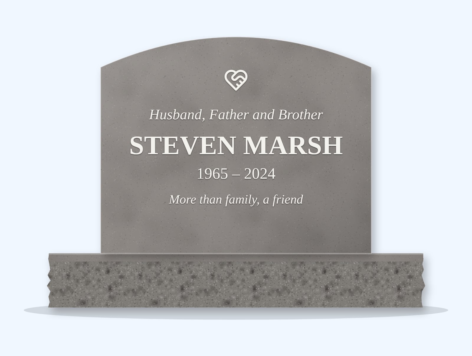 Indian Grey curved top headstone on a granite base, engraved for Steven Marsh