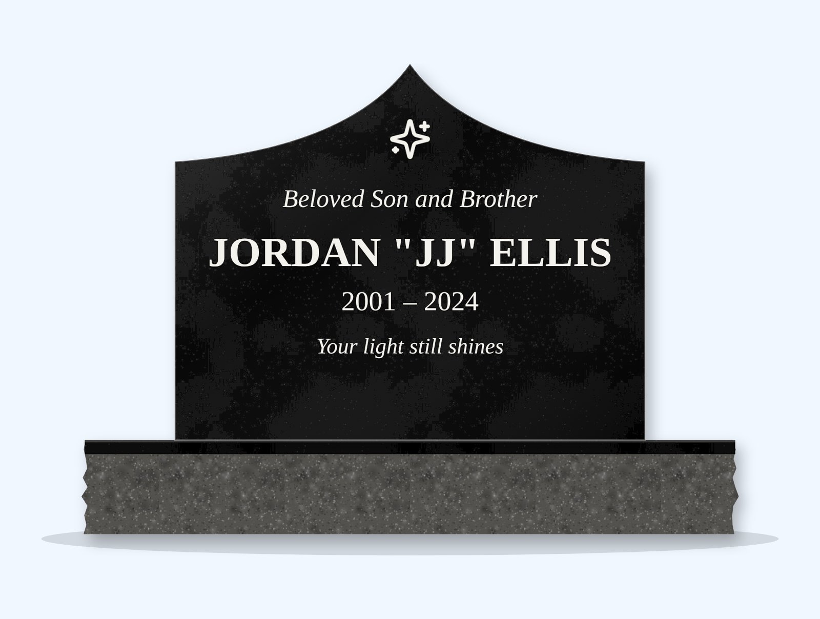 Absolute Black curved gable headstone on a granite base, engraved for Jordan "JJ" Ellis