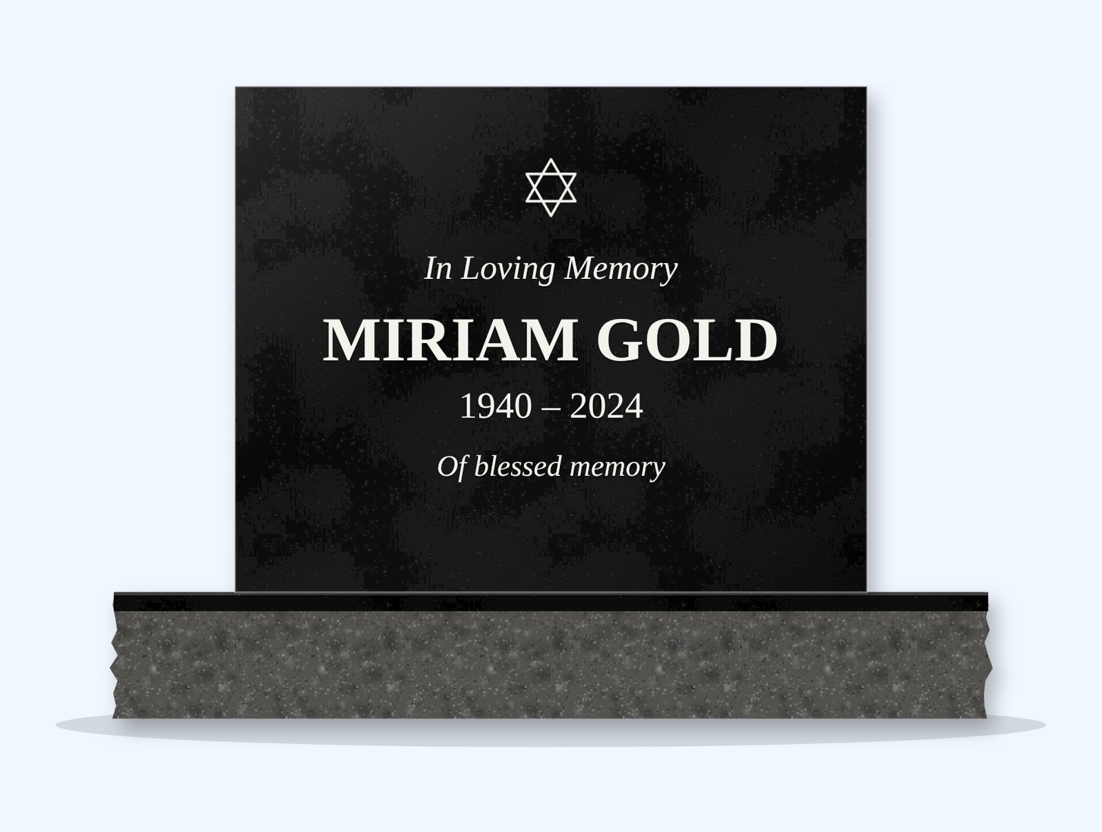 Absolute Black rectangle headstone on a granite base, engraved for Miriam Gold