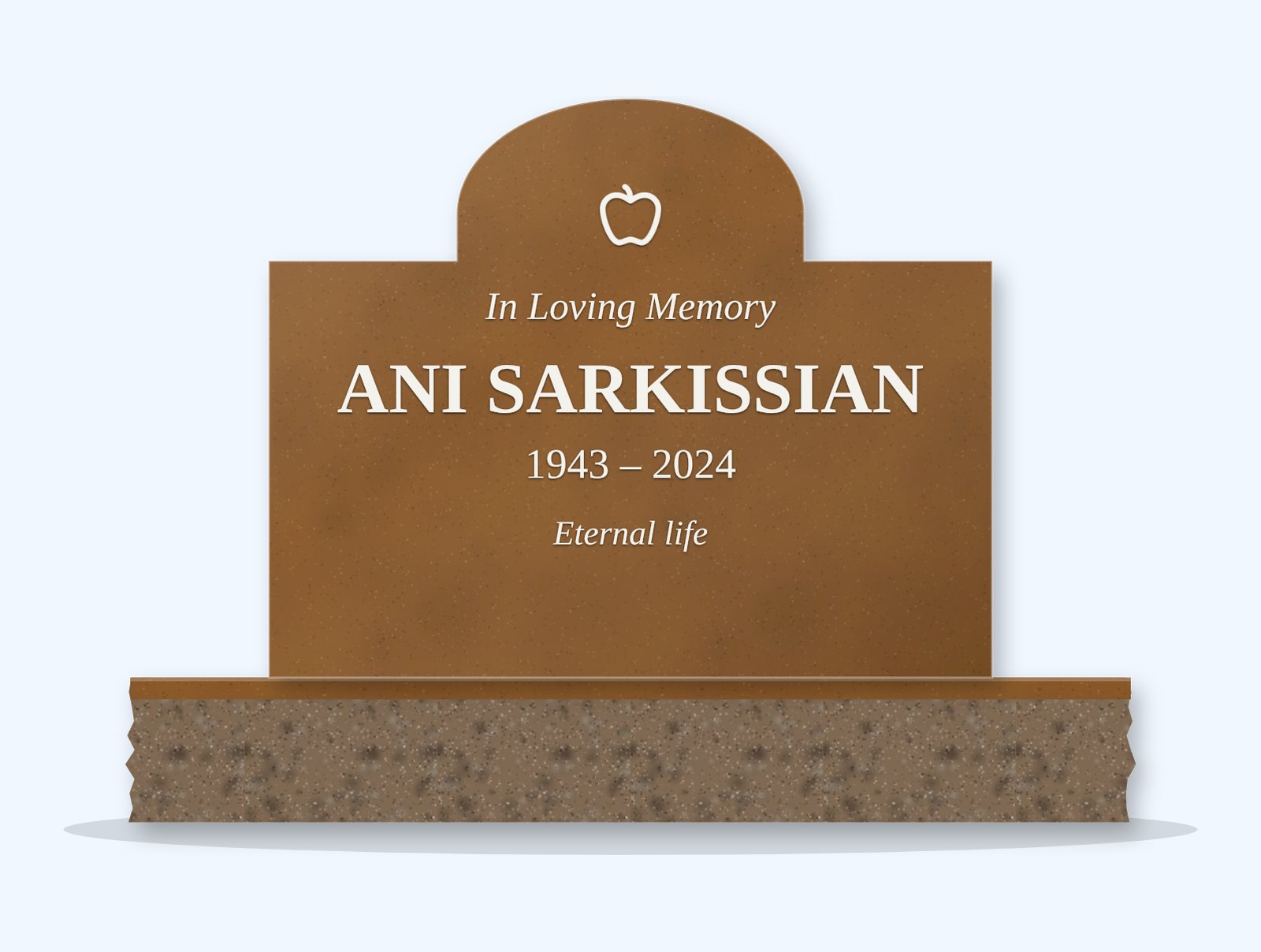 Tan Brown cathedral headstone on a granite base, engraved for Ani Sarkissian