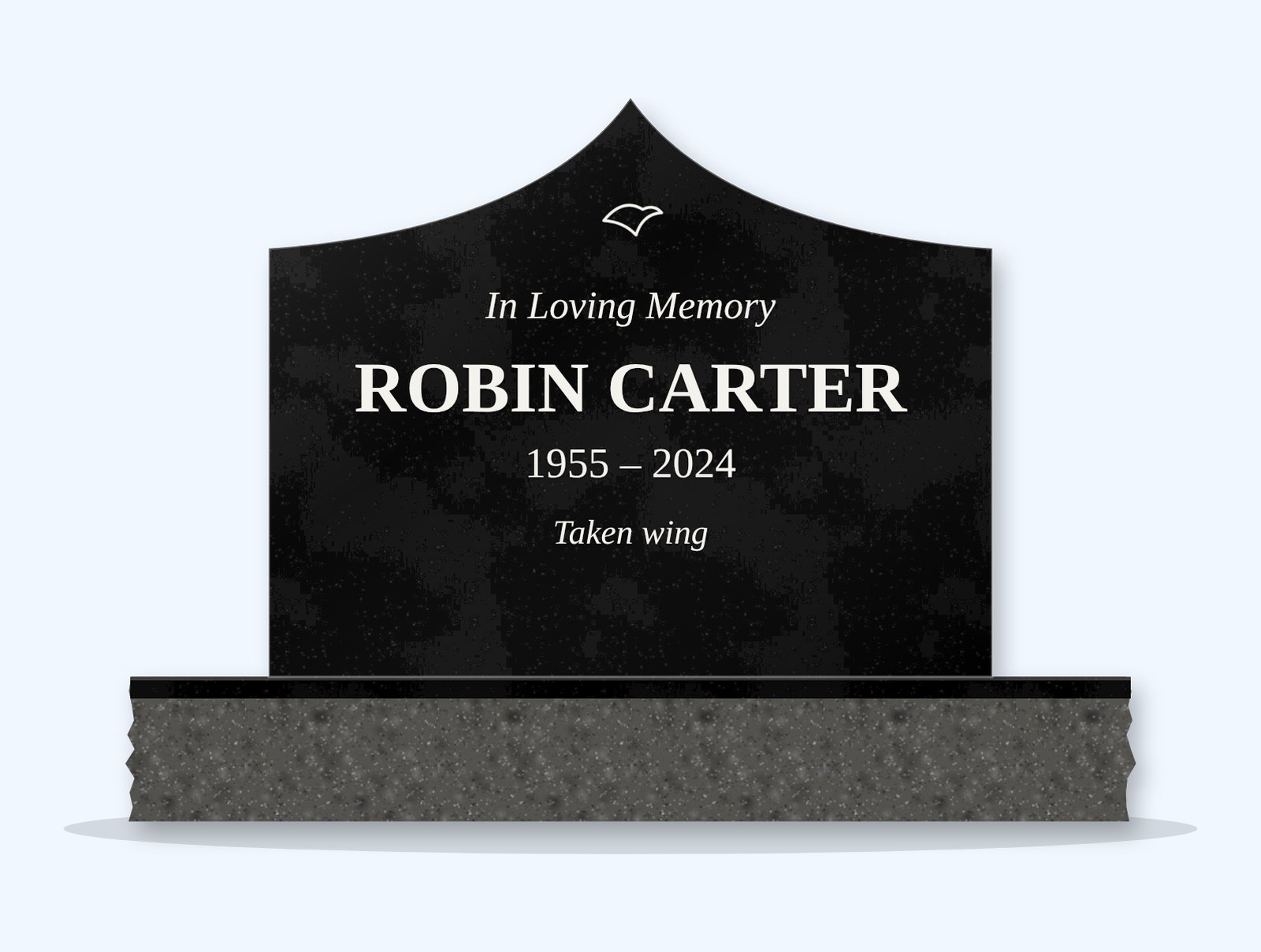 Absolute Black curved gable headstone on a granite base, engraved for Robin Carter