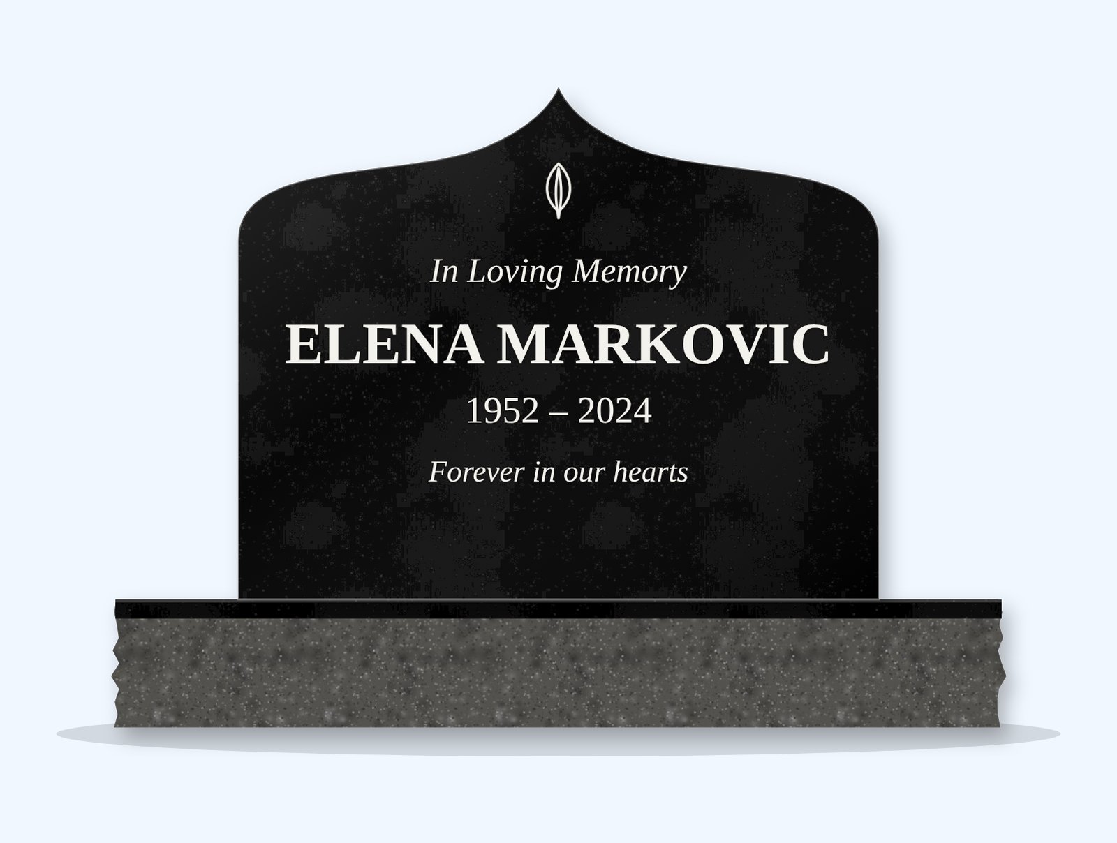 Absolute Black ogee arch headstone on a granite base, engraved for Elena Markovic