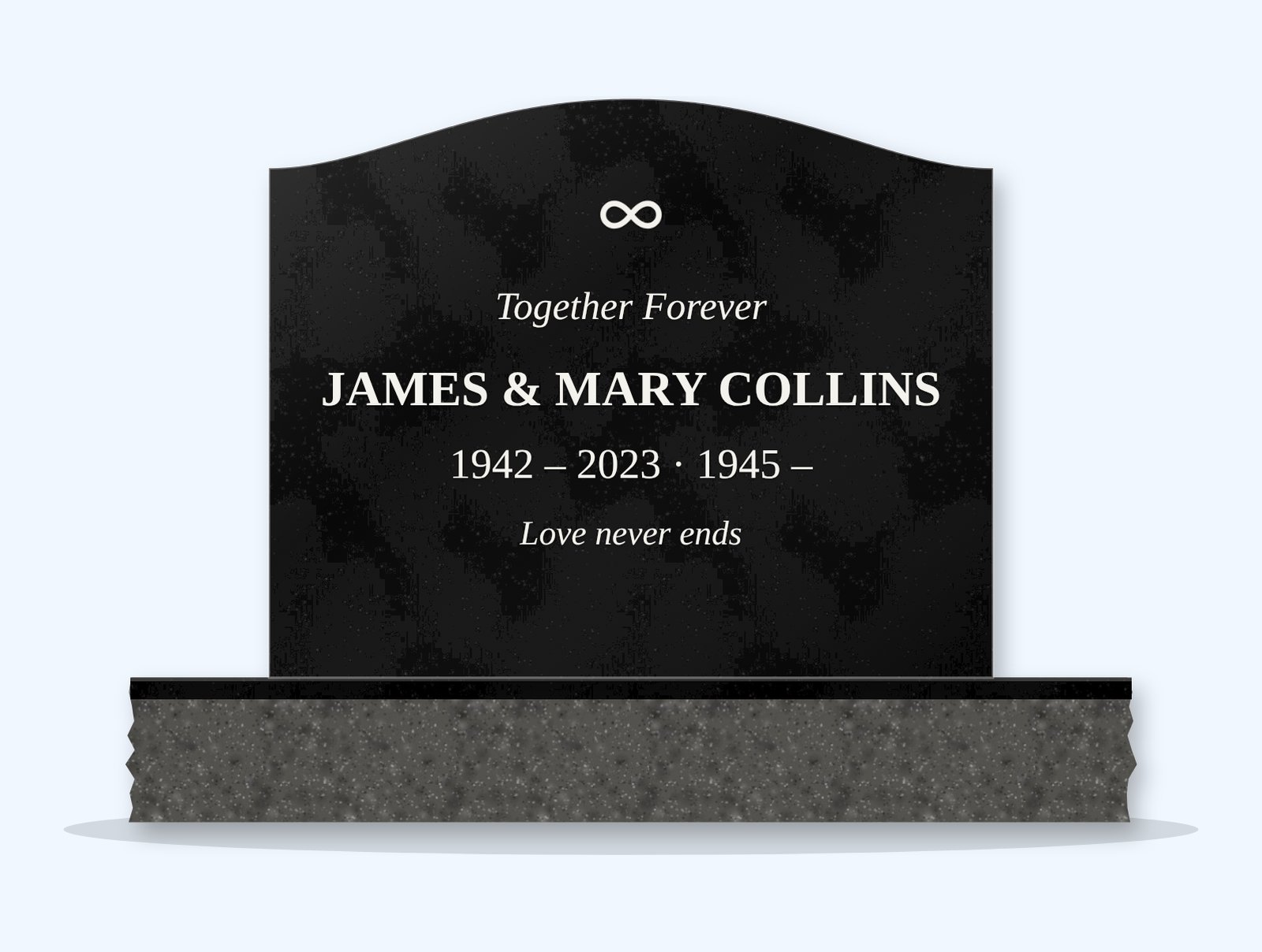 Absolute Black serpentine headstone on a granite base, engraved for James and Mary Collins