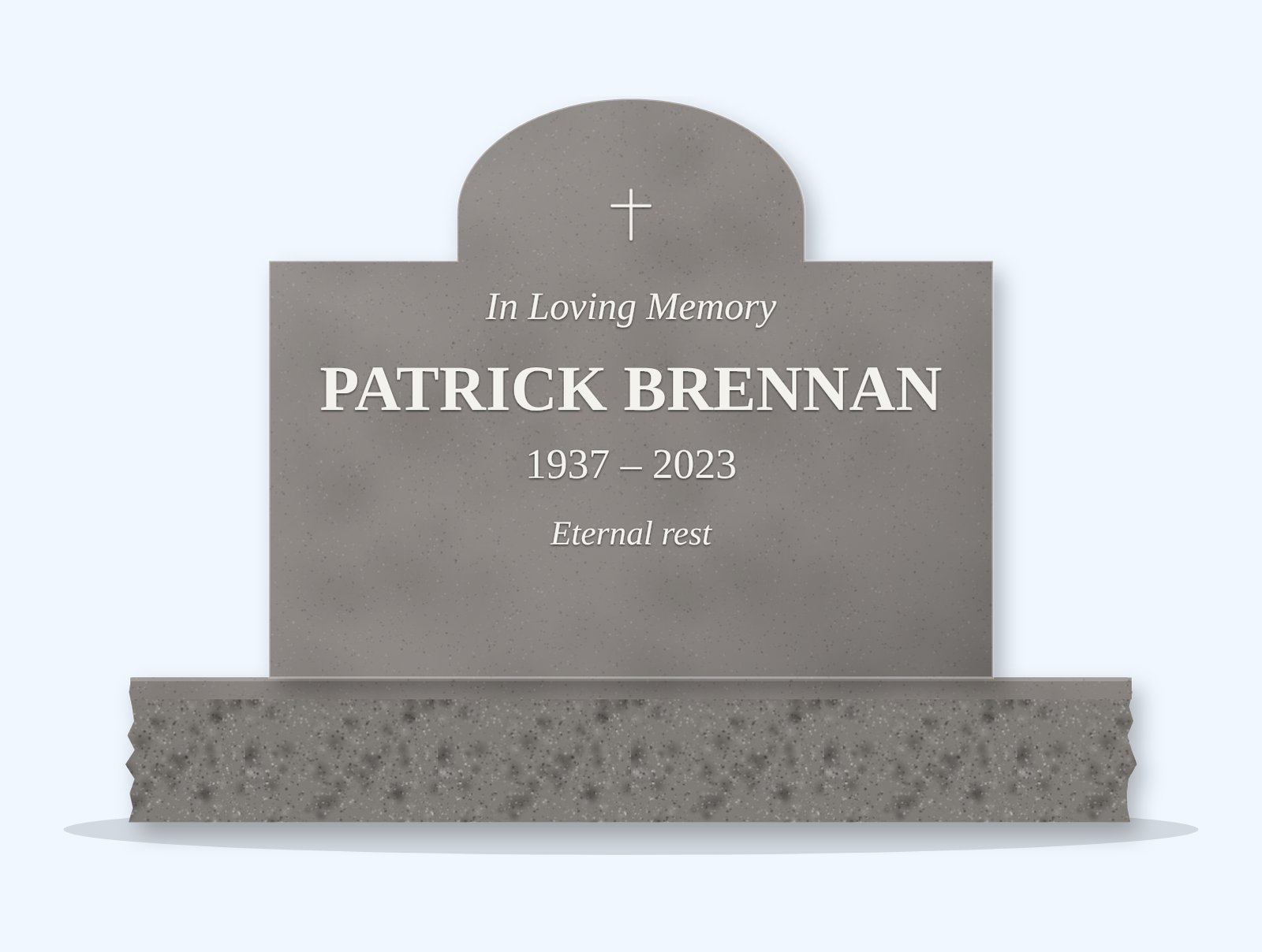 Indian Grey cathedral headstone on a granite base, engraved for Patrick Brennan
