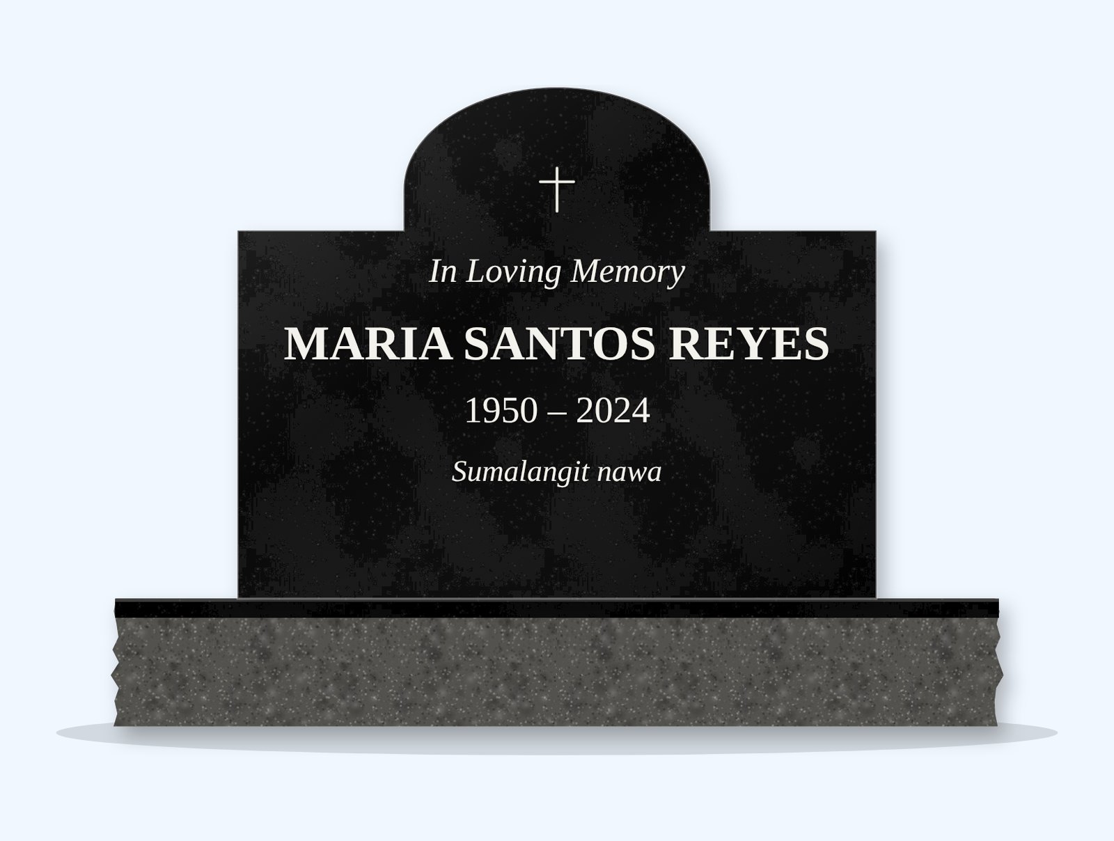Absolute Black cathedral headstone on a granite base, engraved for Maria Santos Reyes
