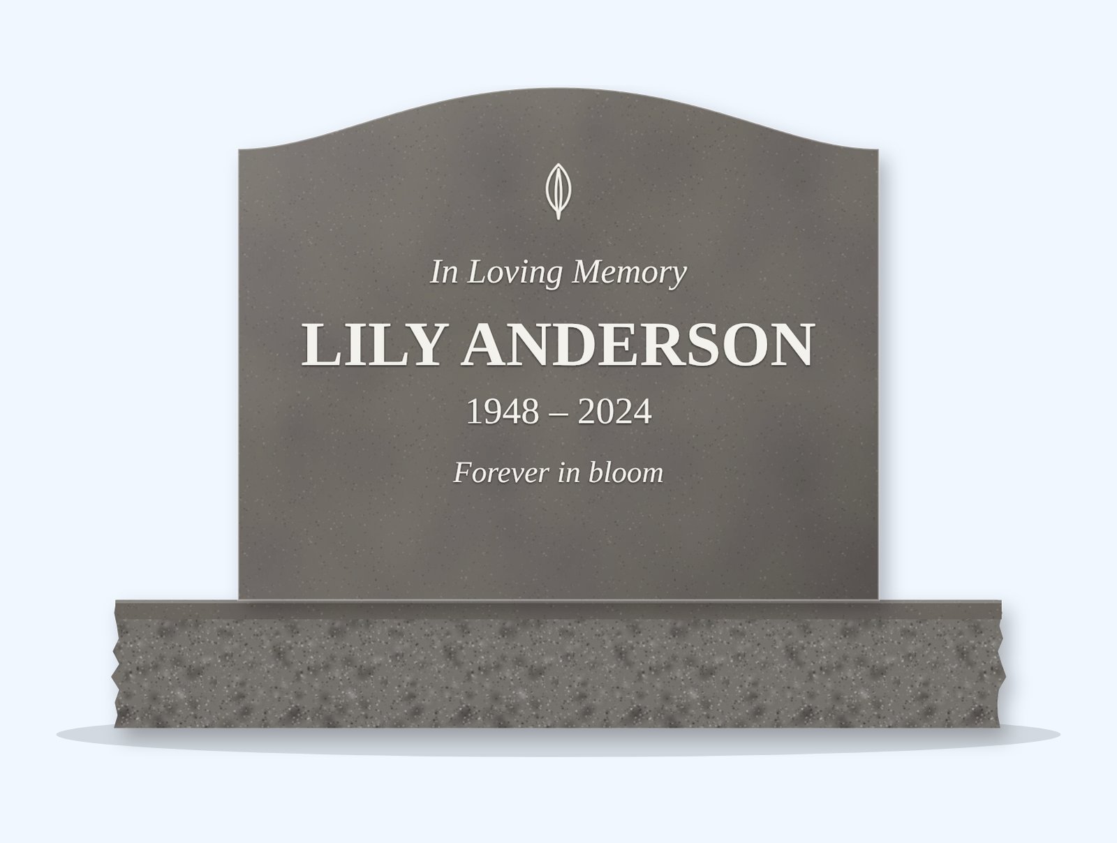 Steel Grey serpentine headstone on a granite base, engraved for Lily Anderson