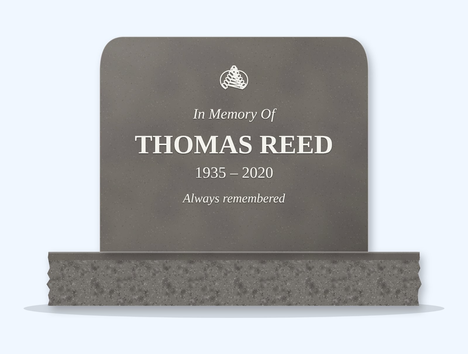 Steel Grey rounded top headstone on a granite base, engraved for Thomas Reed