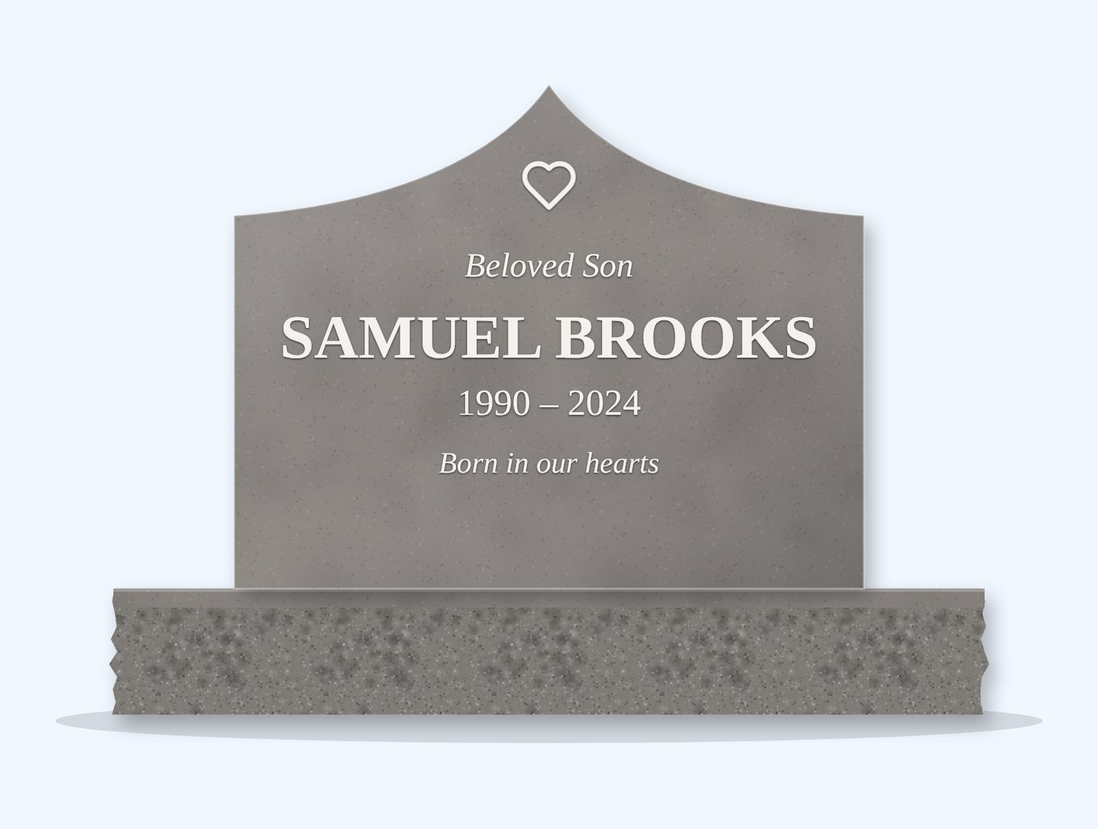 Indian Grey curved gable headstone on a granite base, engraved for Samuel Brooks