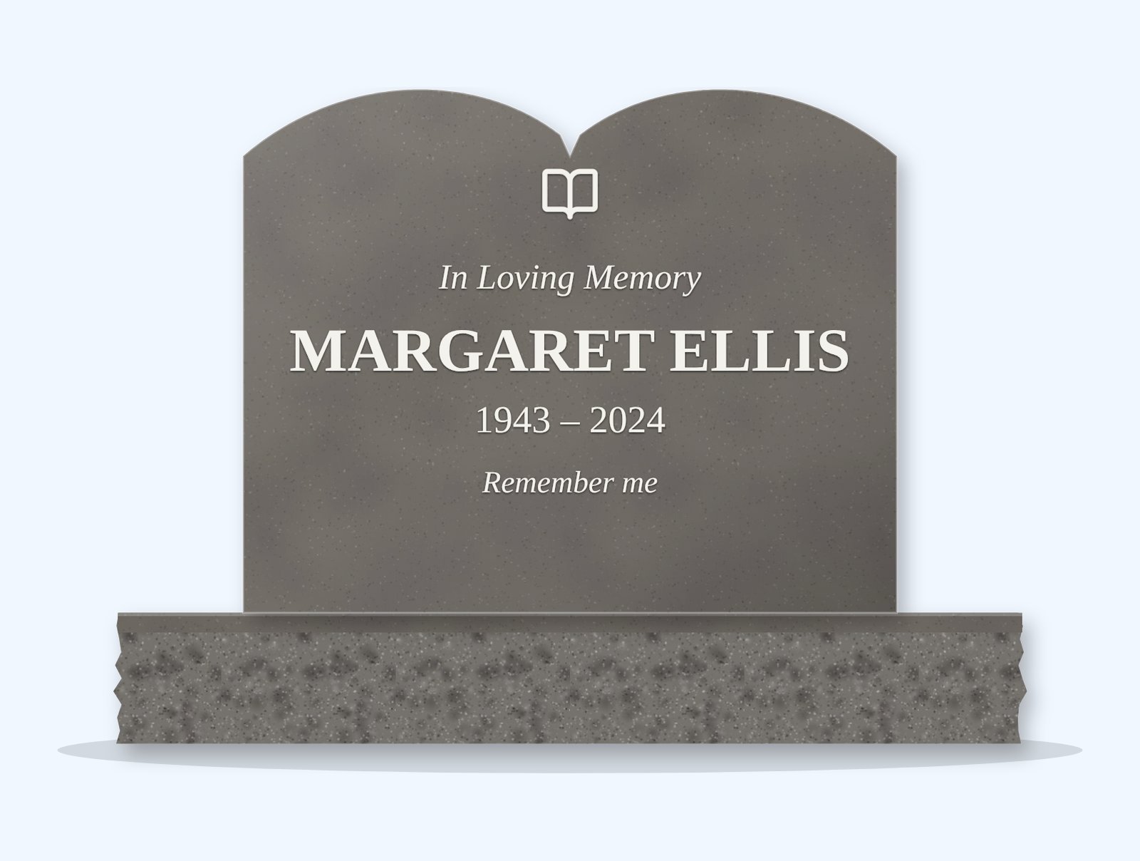 Steel Grey open book headstone on a granite base, engraved for Margaret Ellis
