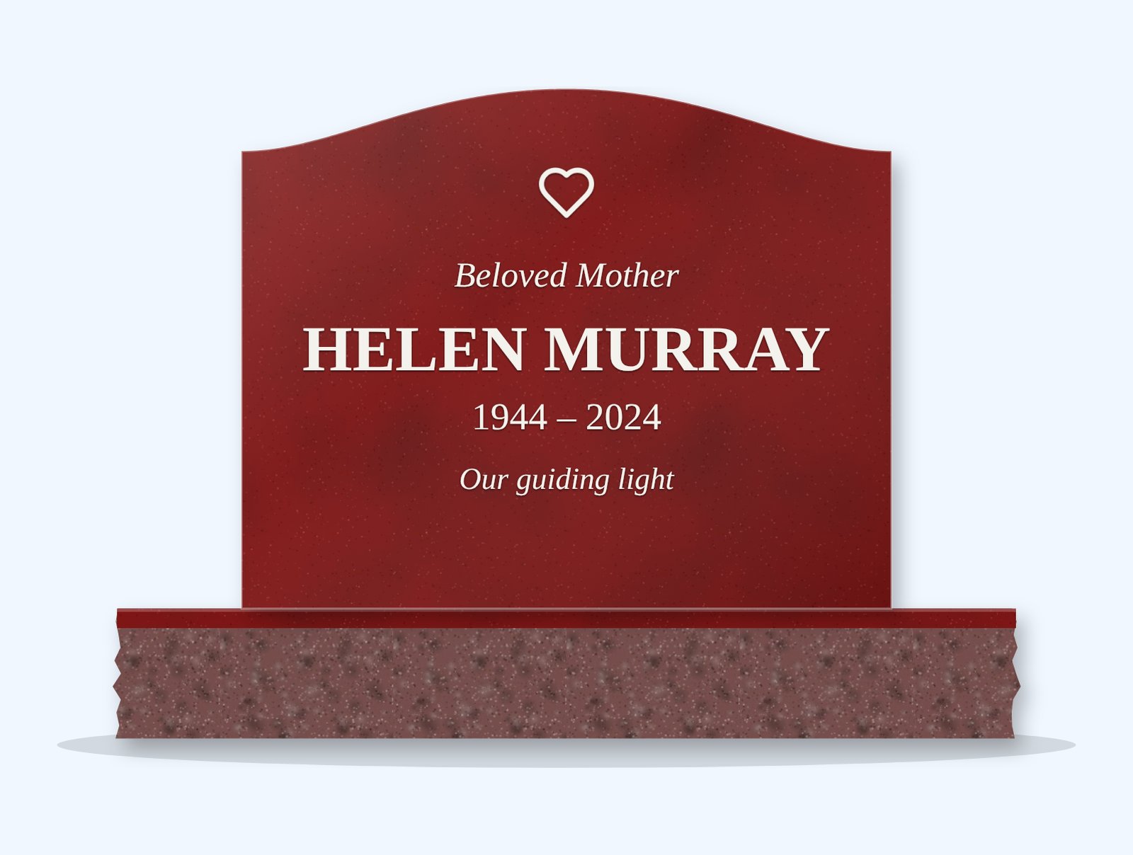 Indian Red serpentine headstone on a granite base, engraved for Helen Murray