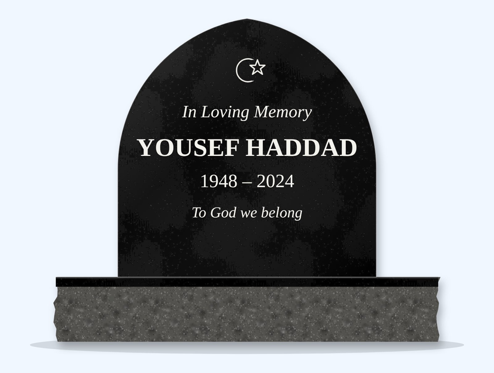 Absolute Black teardrop arch headstone on a granite base, engraved for Yousef Haddad