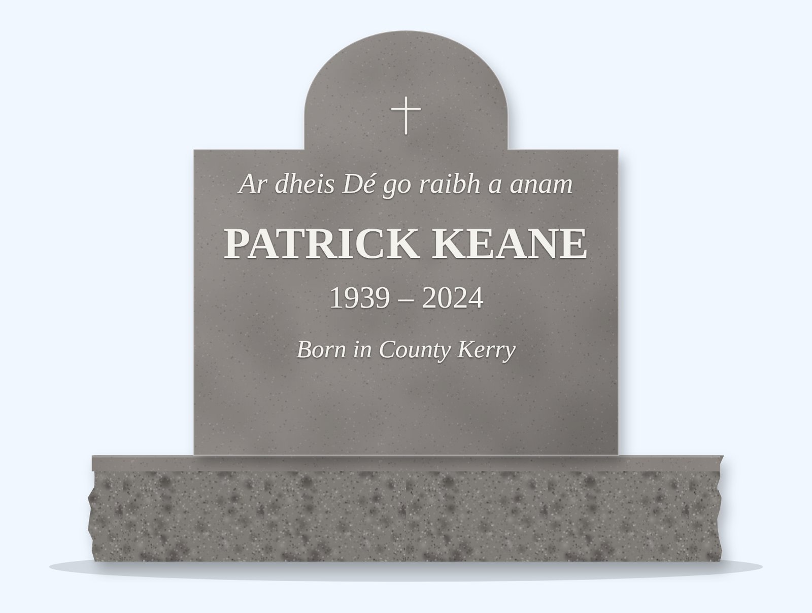 Indian Grey cathedral headstone on a granite base, engraved for Patrick Keane