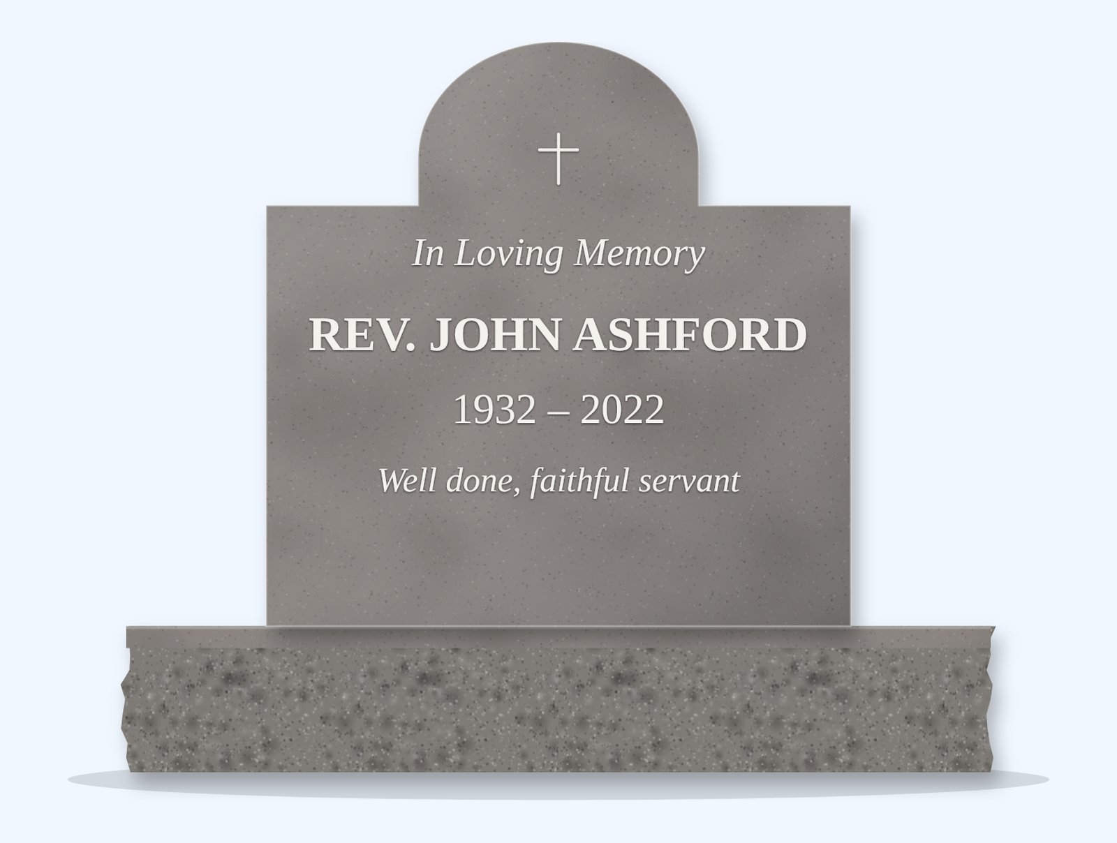 Indian Grey cathedral headstone on a granite base, engraved for Rev. John Ashford
