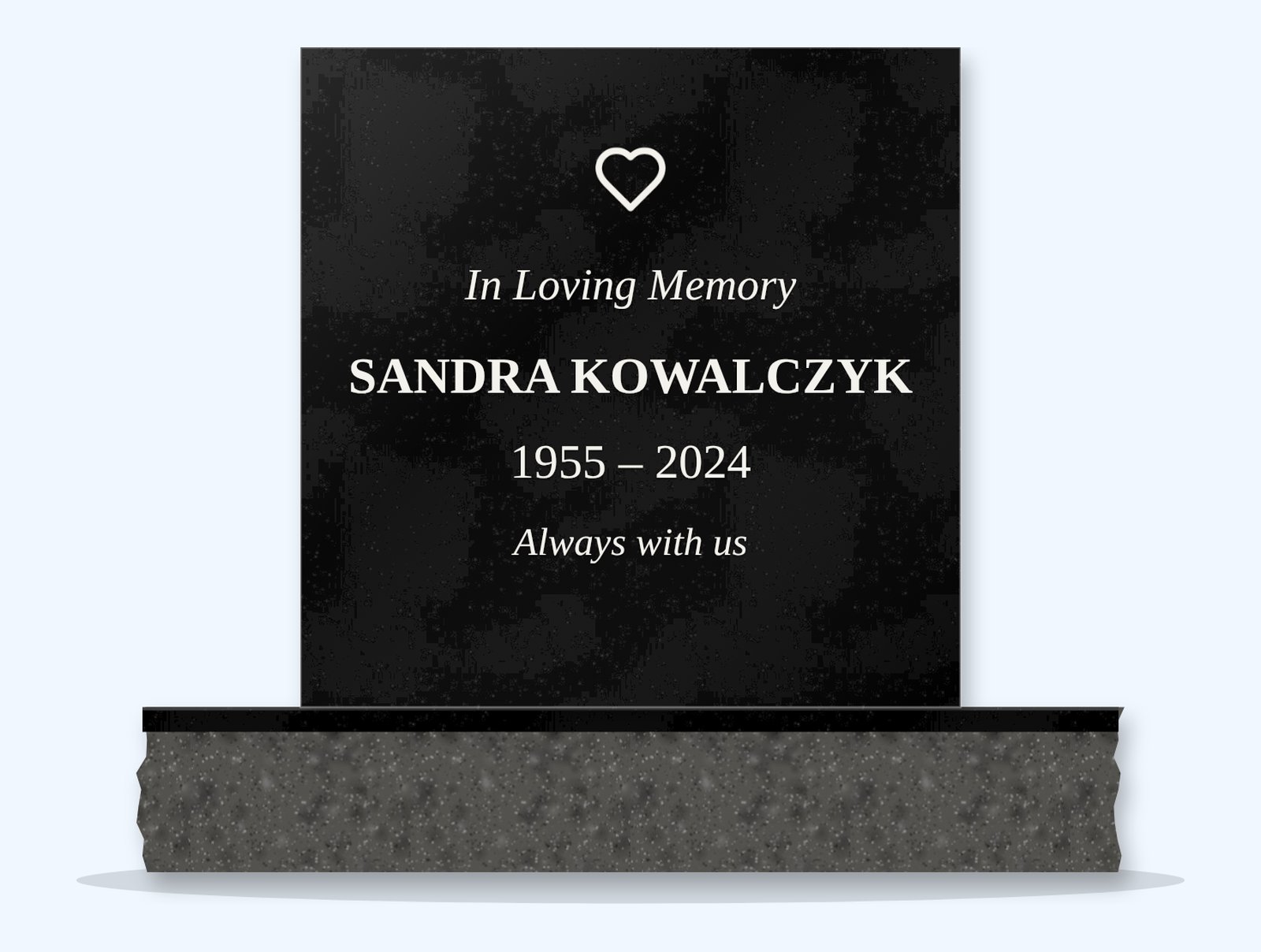 Absolute Black rectangle headstone on a granite base, engraved for Sandra Kowalczyk