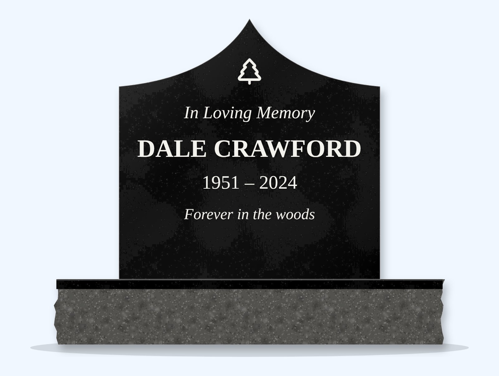 Absolute Black curved gable headstone on a granite base, engraved for Dale Crawford