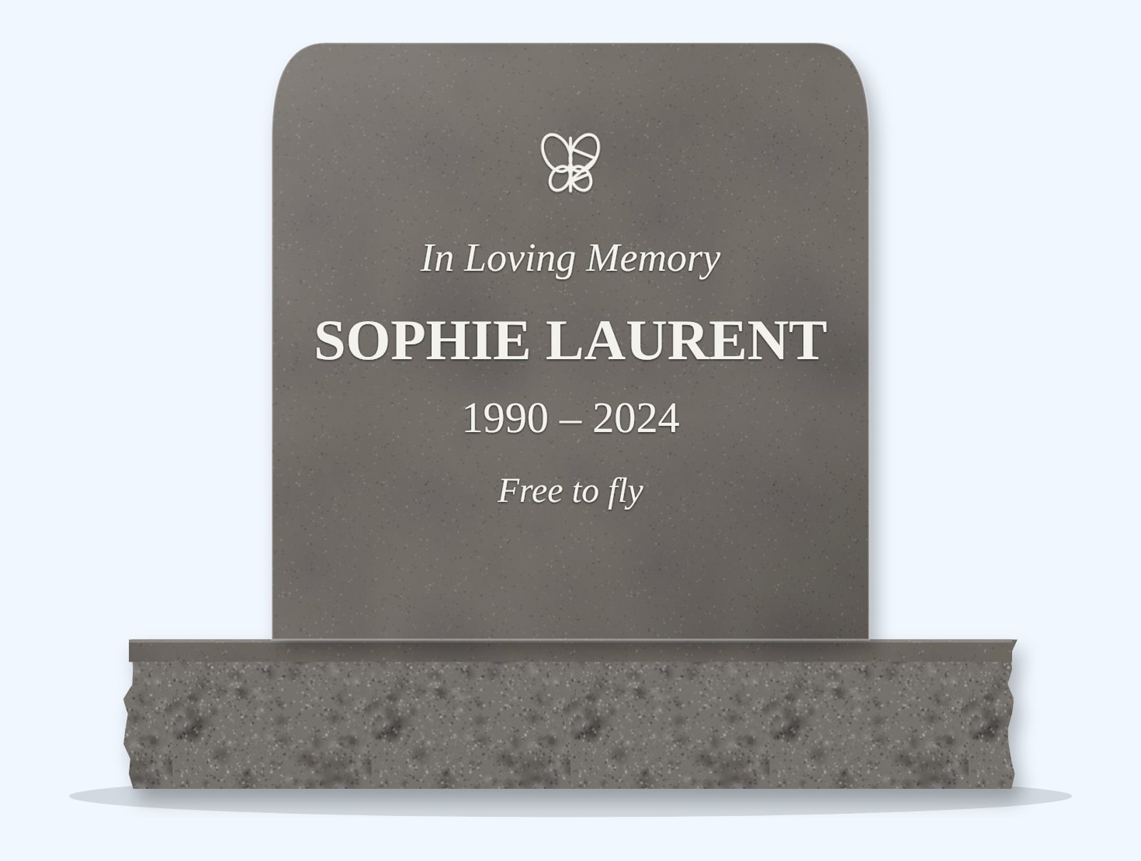 Steel Grey rounded top headstone on a granite base, engraved for Sophie Laurent