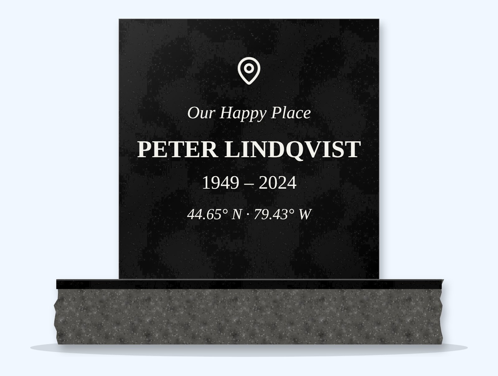 Absolute Black rectangle headstone on a granite base, engraved for Peter Lindqvist
