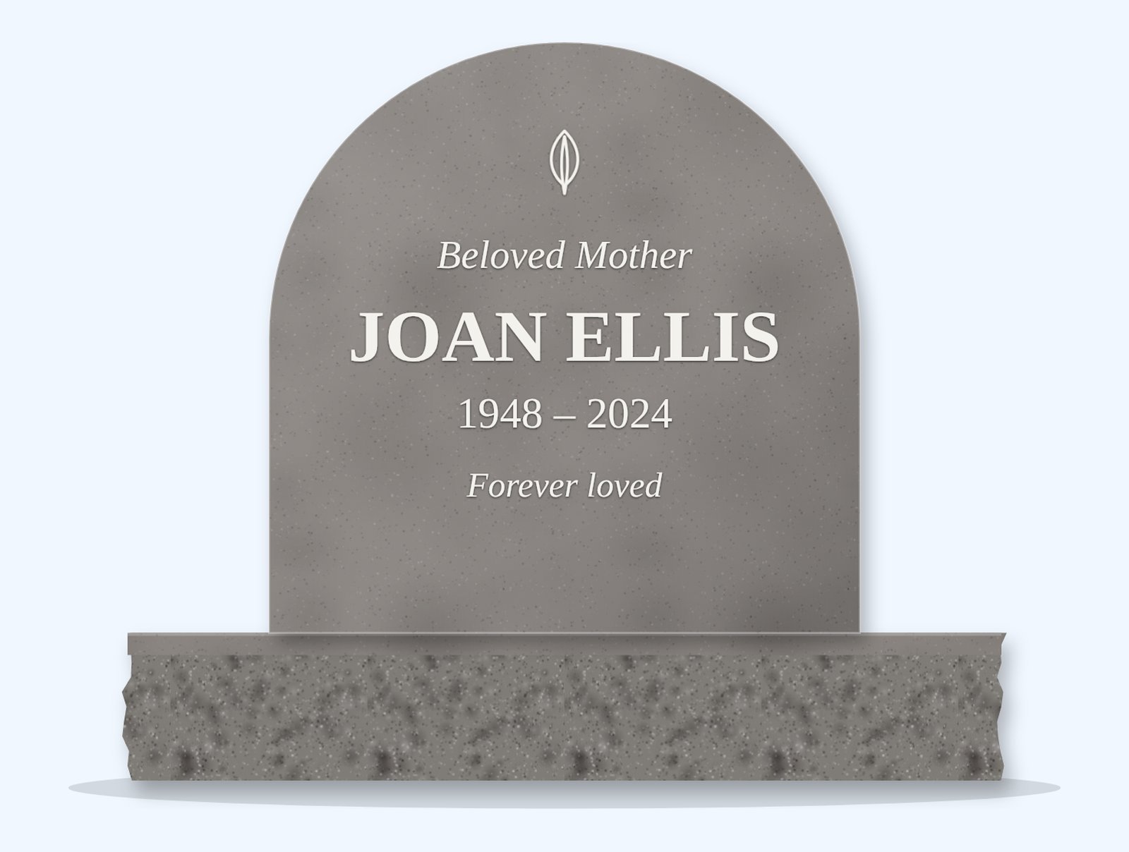 Indian Grey half round headstone on a granite base, engraved for Joan Ellis