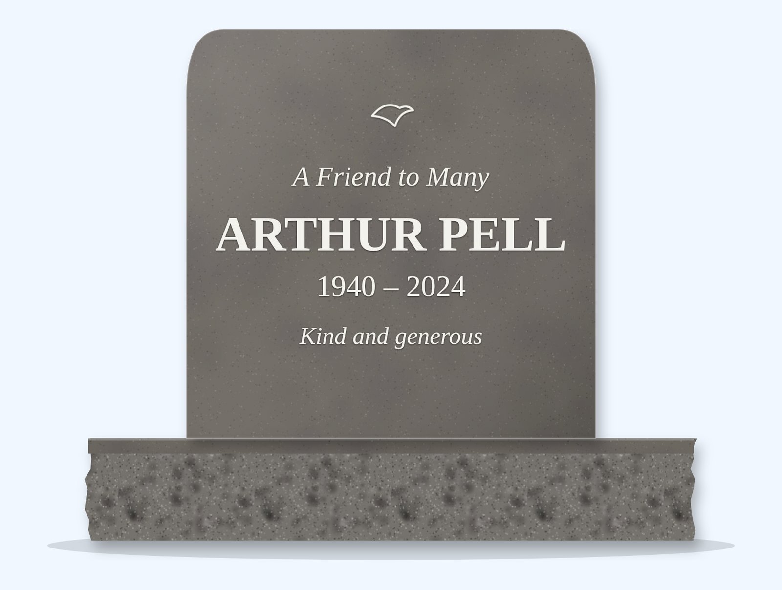 Steel Grey rounded top headstone on a granite base, engraved for Arthur Pell