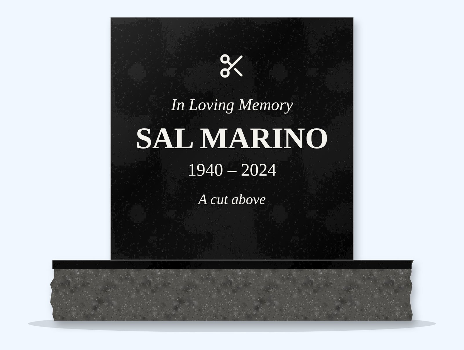 Absolute Black rectangle headstone on a granite base, engraved for Sal Marino