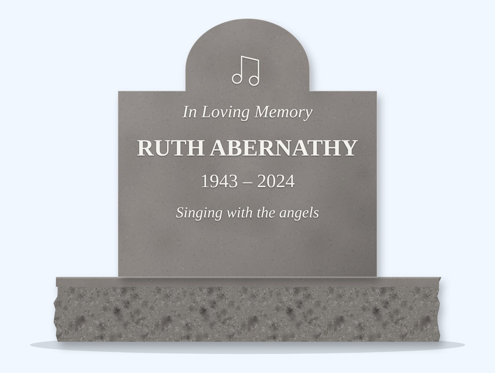 Indian Grey cathedral headstone on a granite base, engraved for Ruth Abernathy
