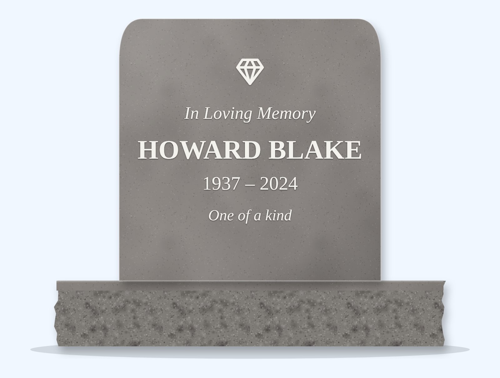 Indian Grey rounded top headstone on a granite base, engraved for Howard Blake